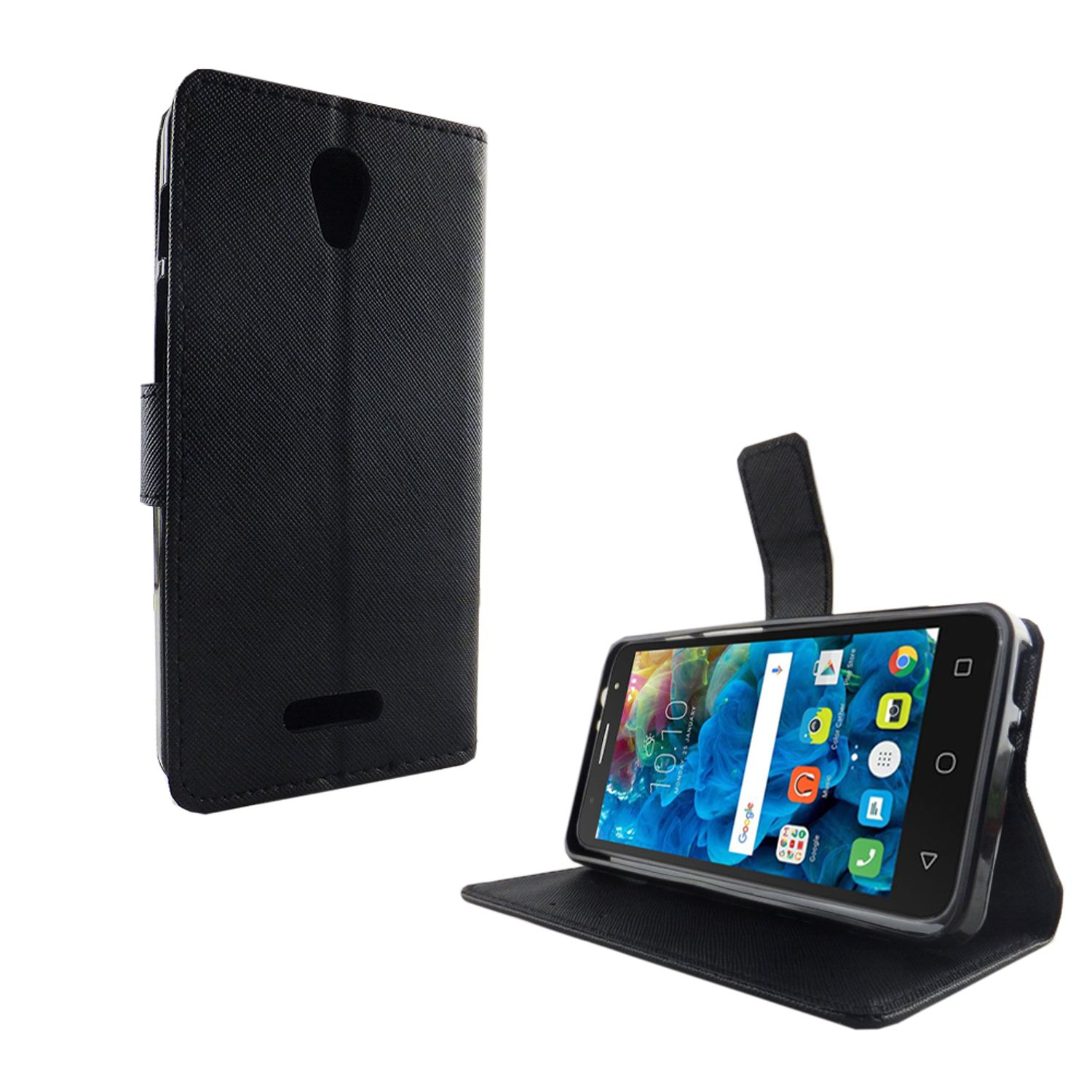 Schwarze Handyhülle offen, mit Telefon darin. Das Telefon hat einen Bildschirm mit Symbolen.