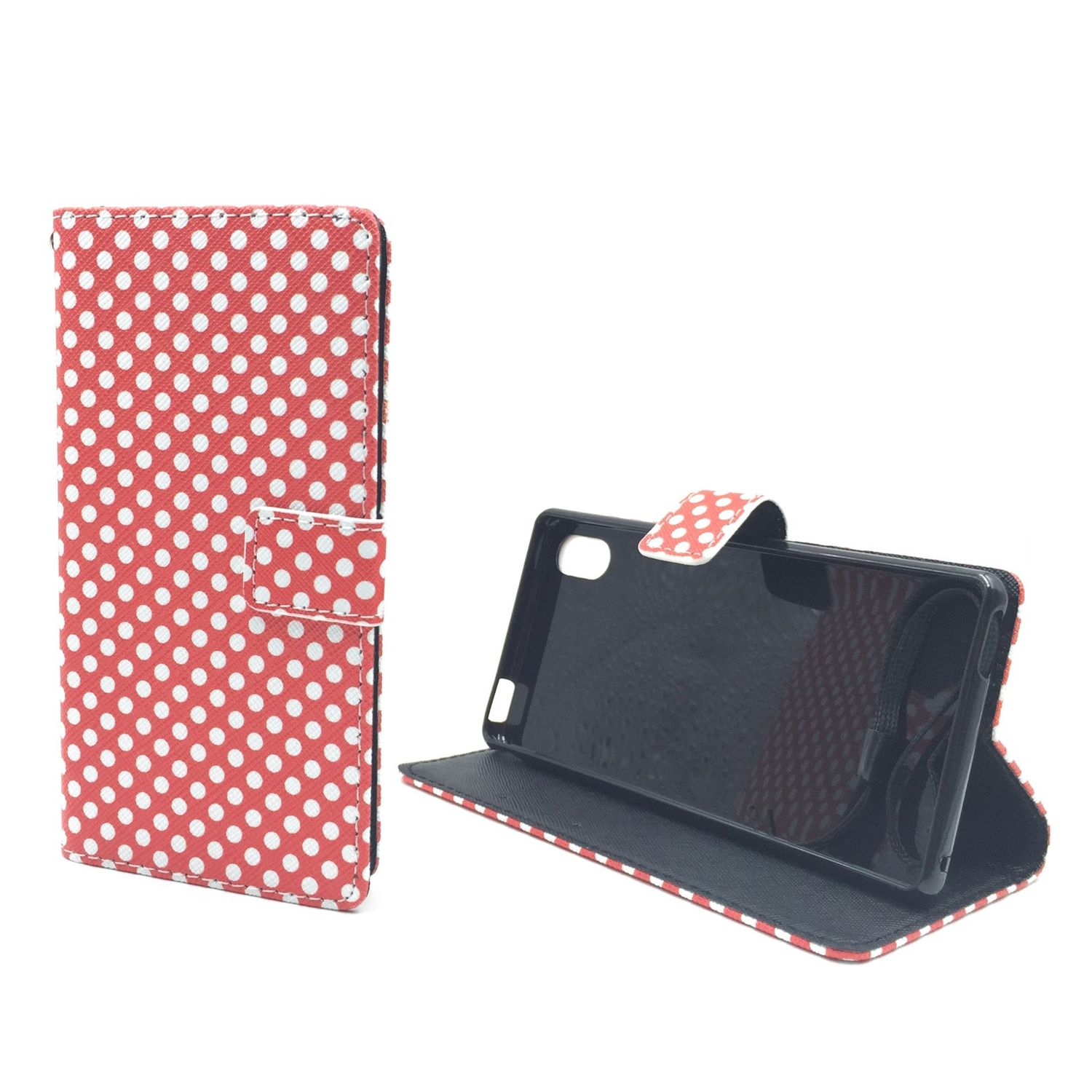 Rote Handyhülle mit weißen Punkten und ein Telefon im Inneren, offen auf einem Tisch.