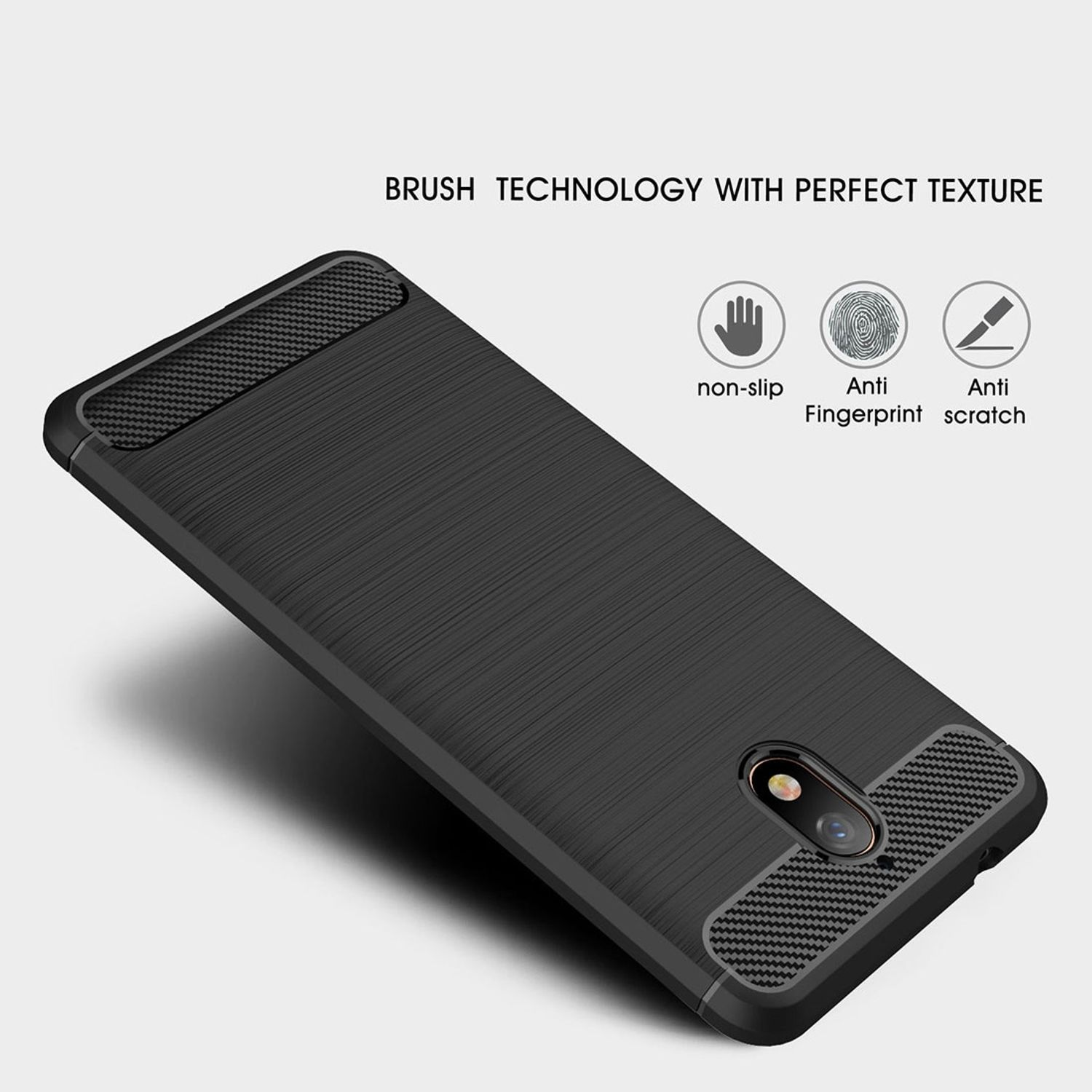 Schwarze Handyhülle mit strukturiertem Design. Text 'Brush Technology with Perfect Texture'.