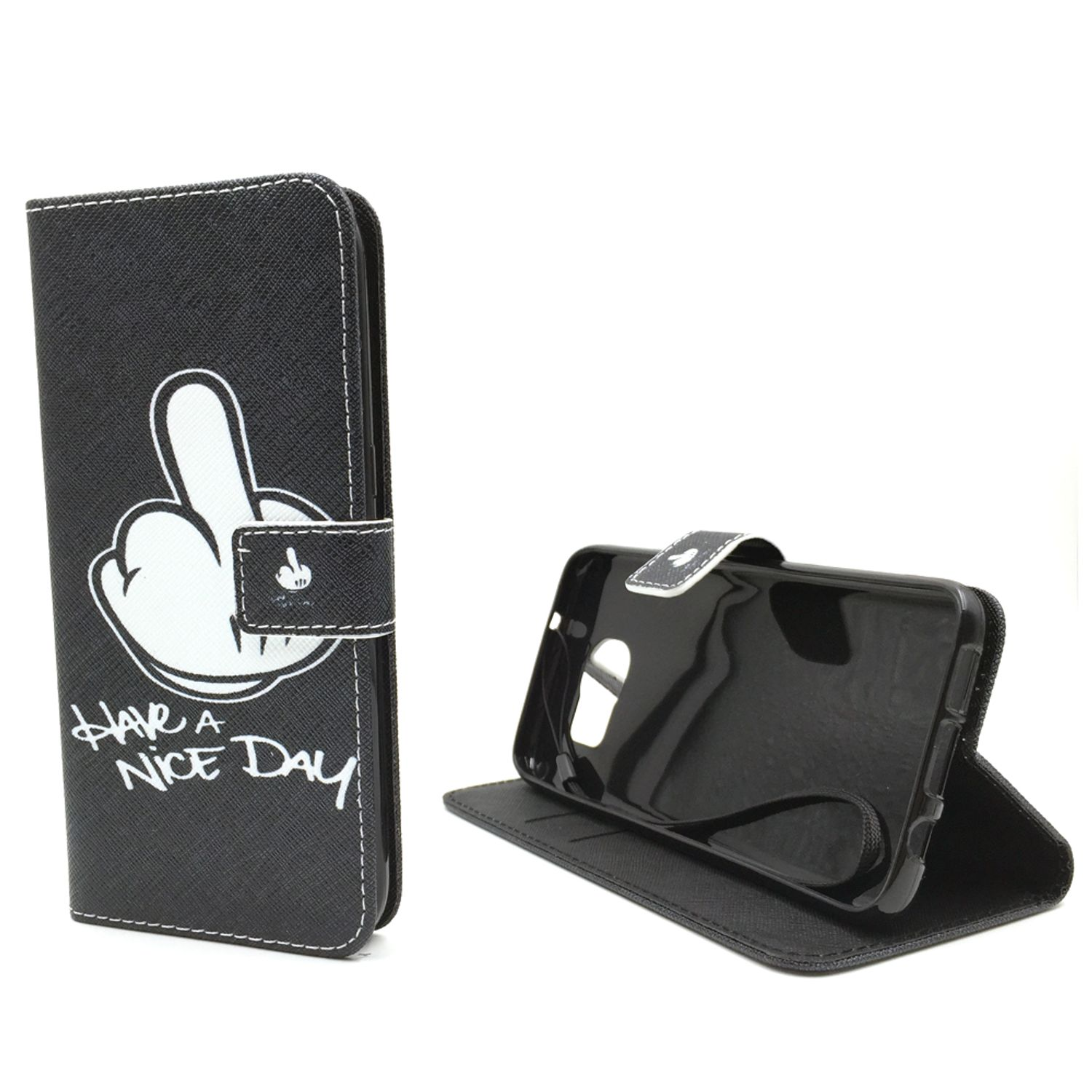 Schwarze Handyhülle mit weißer Handgeste und Text: 'HAVE A NICE DAY'. Telefon innen.