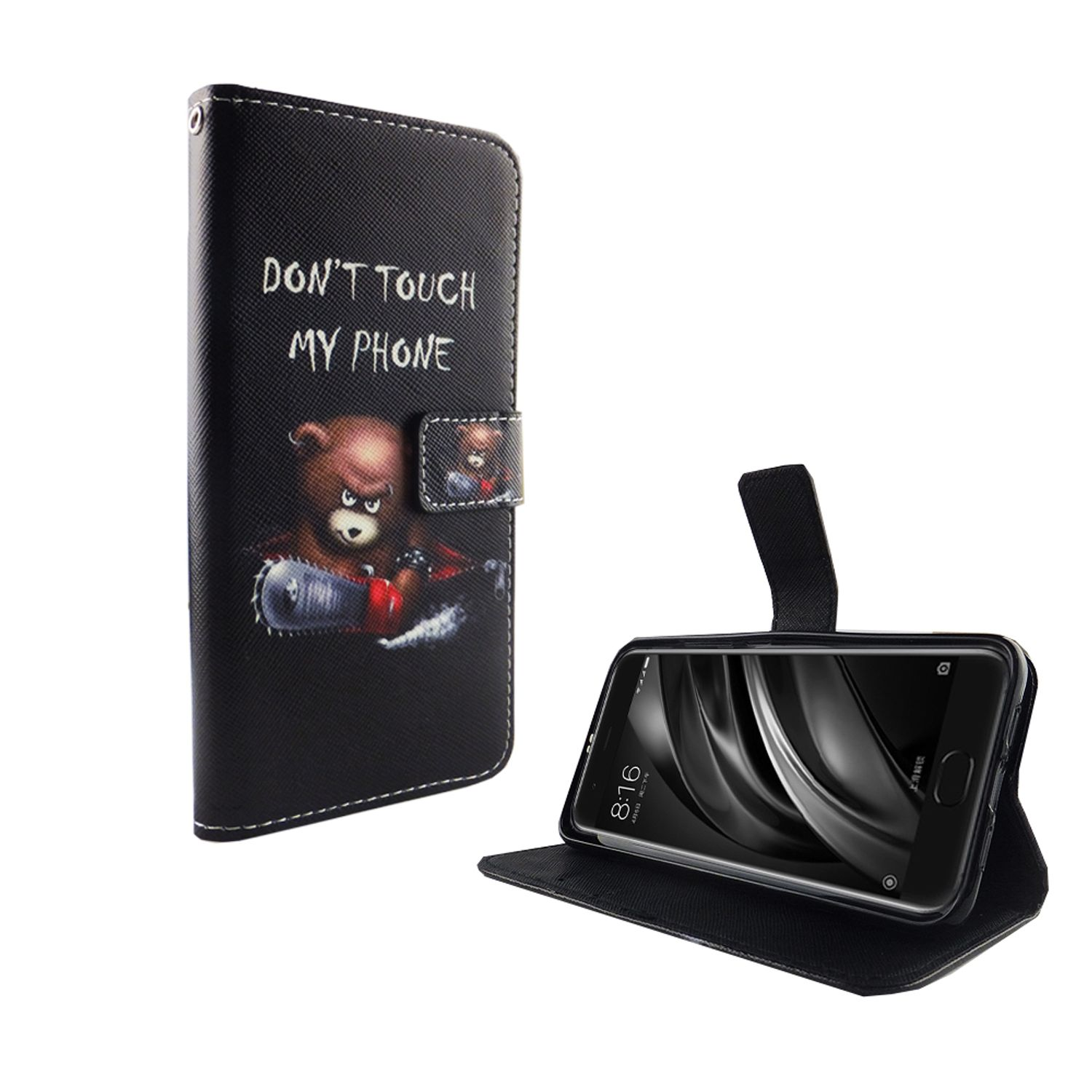 Schwarze Handyhülle mit Bär und Text: Don't Touch My Phone. Geöffnet, mit Telefon.