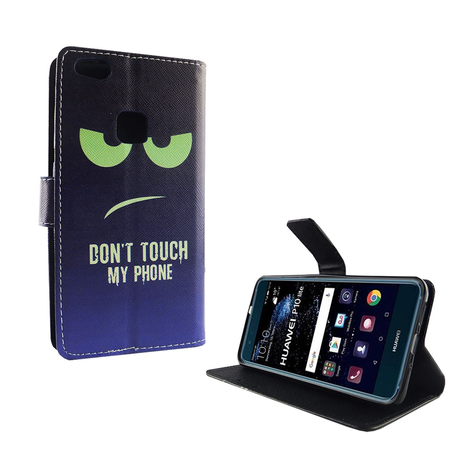 Schwarz-blaue Handyhülle mit grünen Augen und Text, geöffnet mit Telefon. Weißer Hintergrund.