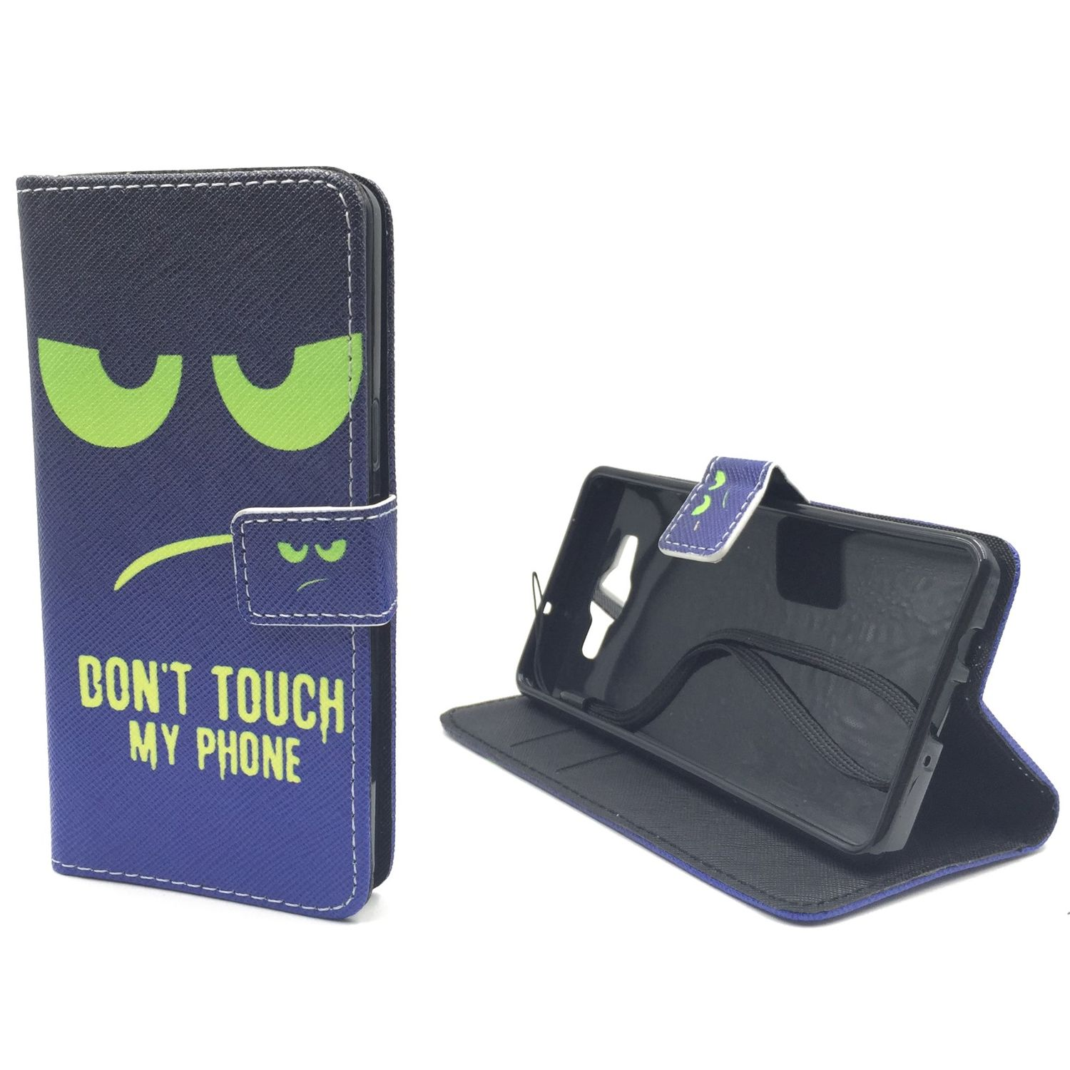 Blaue Handyhülle mit einem Cartoon-Gesicht und dem Text 'Don't touch my phone'. Das Telefon befindet sich in der offenen Hülle.