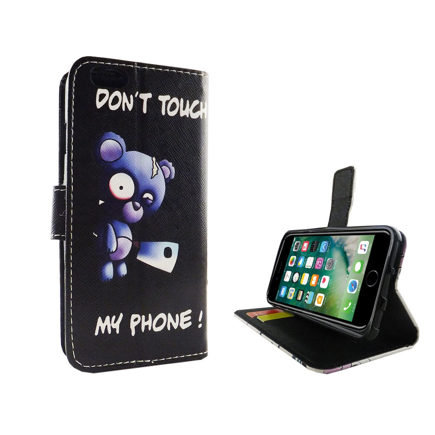 Schwarze Handyhülle mit einem Cartoon-Bären, der ein Messer hält, und dem Text 'DON'T TOUCH MY PHONE!'.
