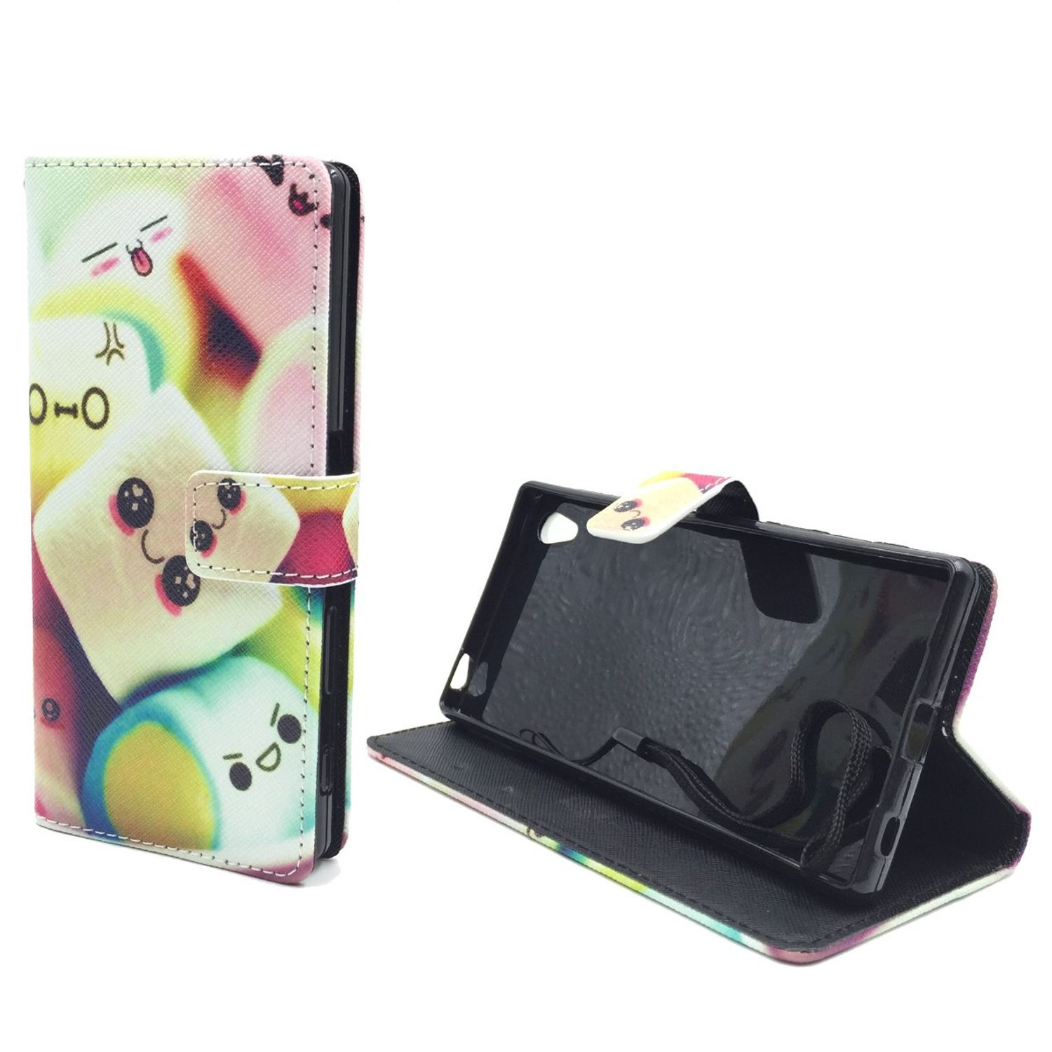 Handyhülle mit Marshmallow-Design. Das Gehäuse ist offen, das Telefon ist sichtbar.