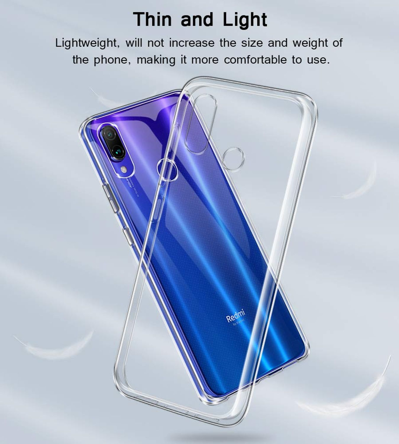 Eine transparente Handyhülle liegt über einem blauen Telefon. Text sagt 'Thin and Light' und 'Redmi'.