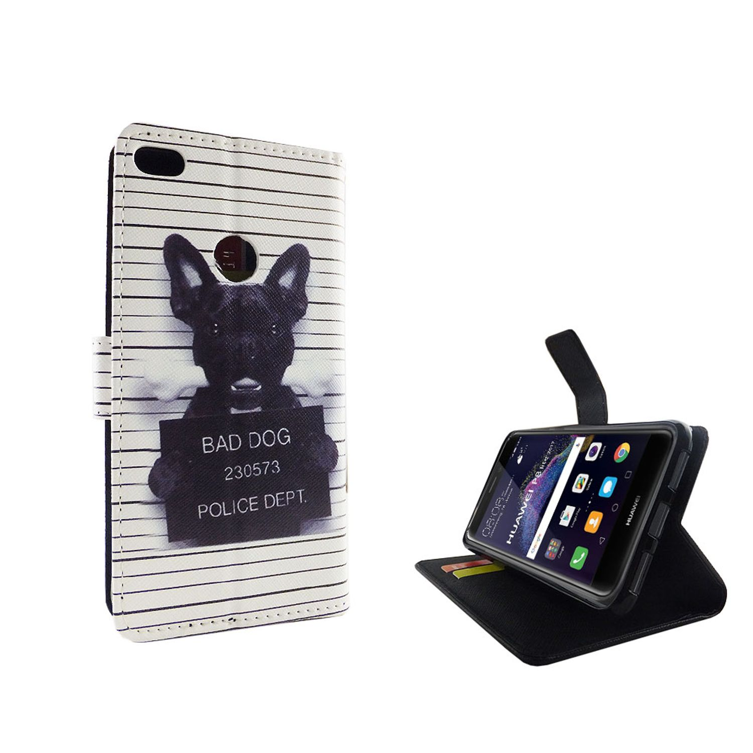 Handyhülle mit Hundefoto. Telefon im Ständer. Hülle sagt 'Bad Dog'.