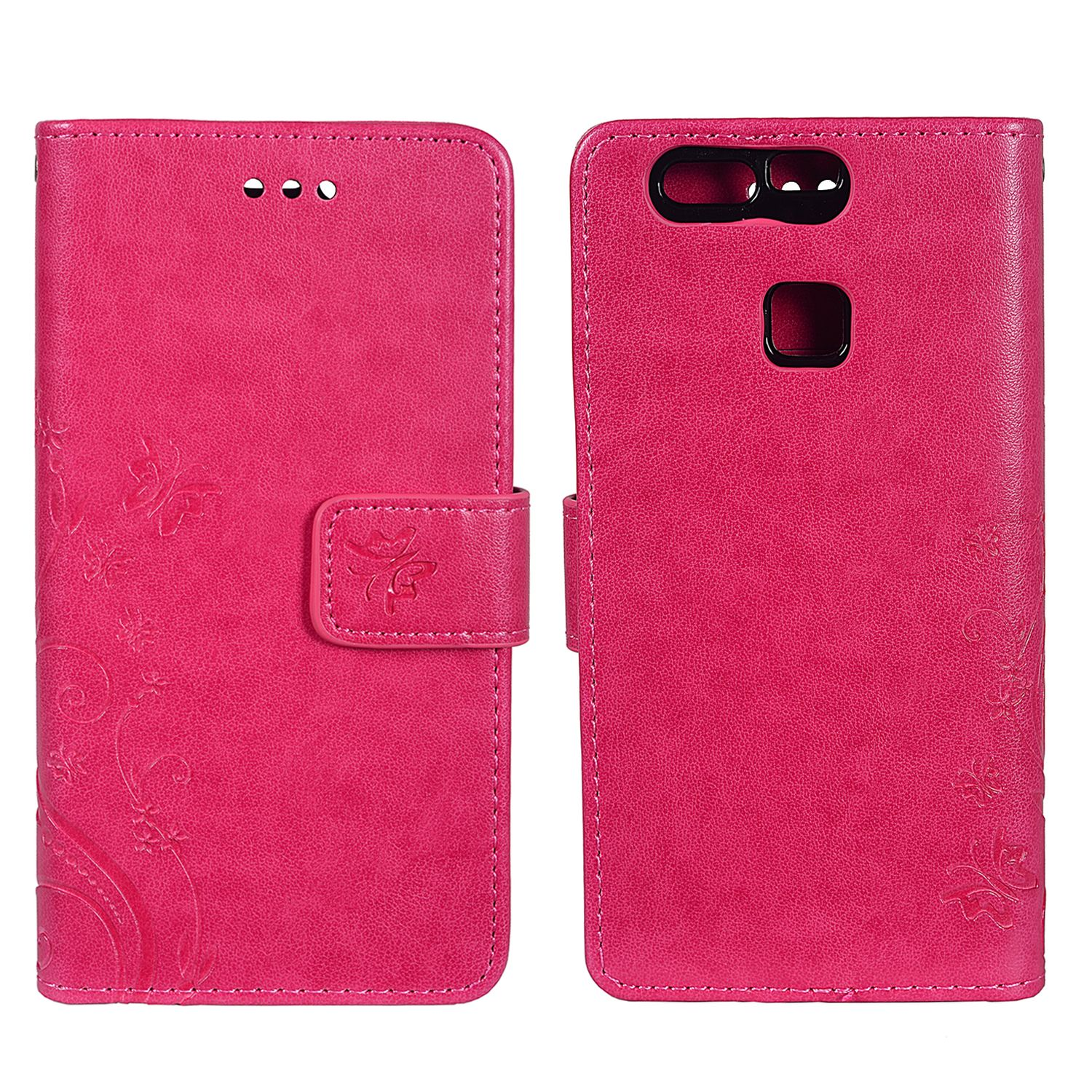 Pinke Handyhülle mit Blumendesign, offen. Weißer Hintergrund, mit Blumendesign auf dem Verschluss.