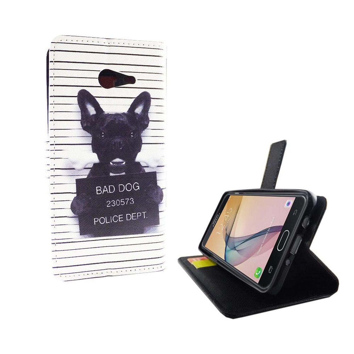 Handyhülle mit einem Hund-Fahndungsfoto-Design, Telefon im Inneren. Weißer Hintergrund.