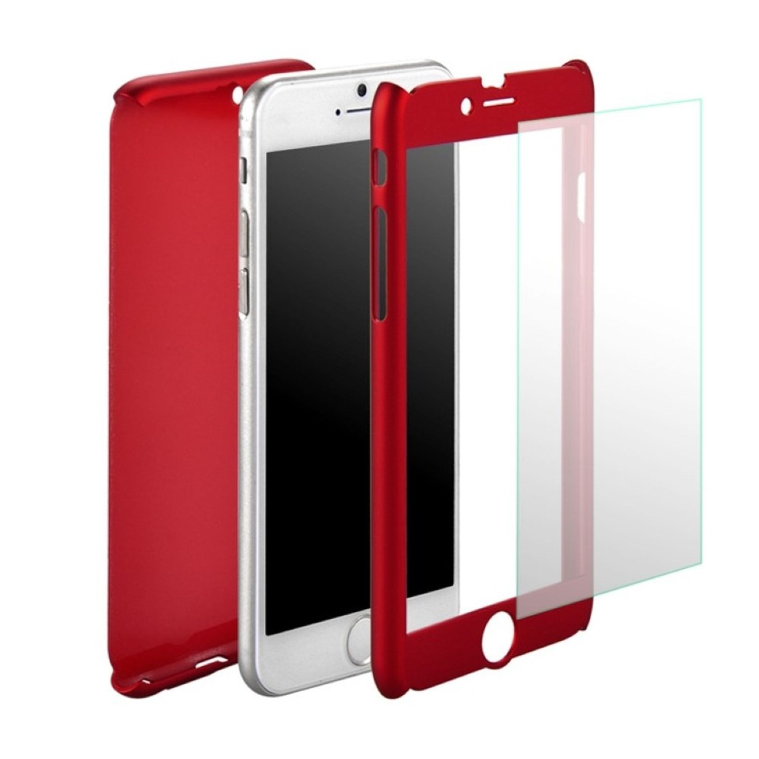 Rote Handyhülle mit Displayschutz und Telefon, eingerichtet. Weißer Hintergrund.