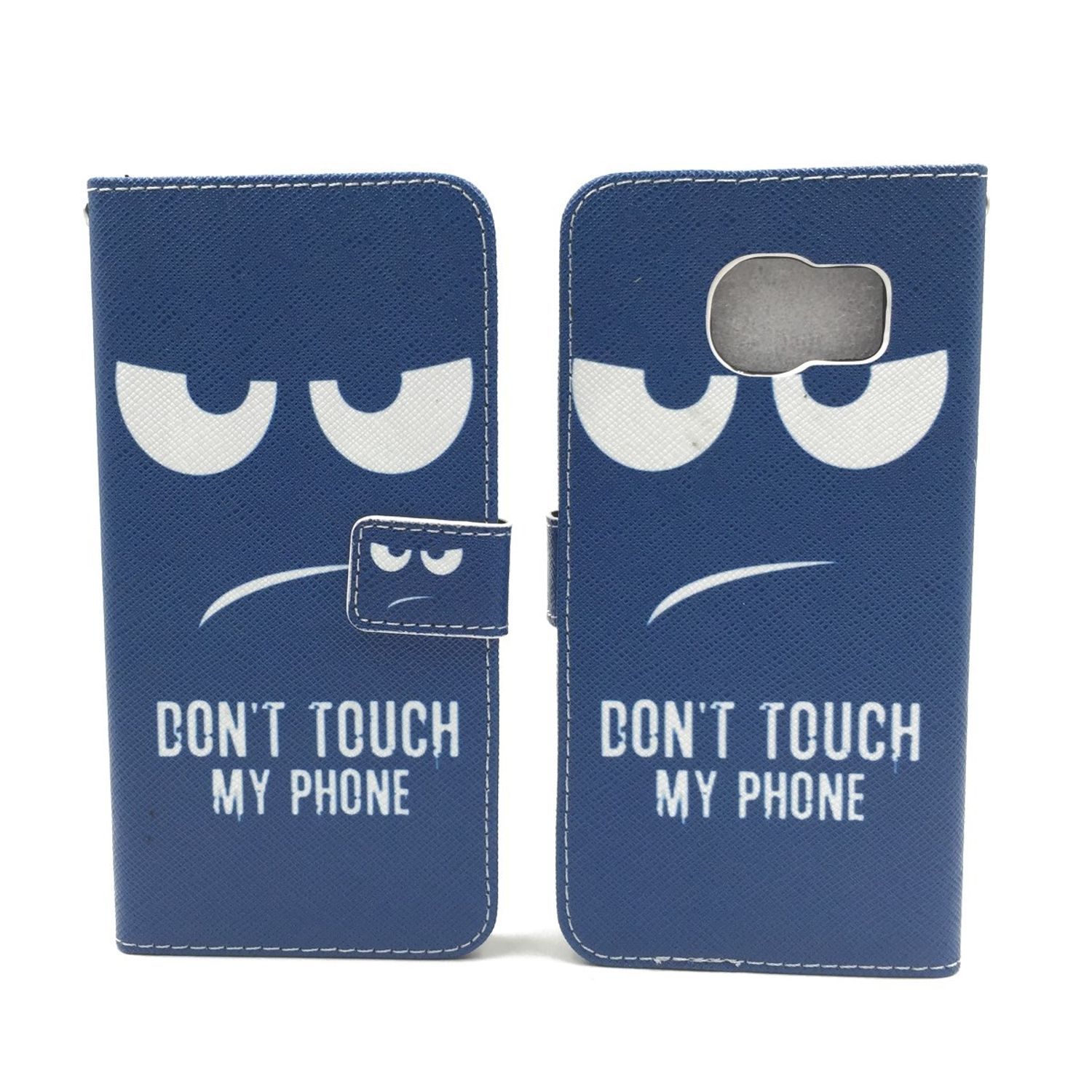 Blaue Handyhülle mit wütendem Gesichtsdesign und dem Text 'DON'T TOUCH MY PHONE'. Weißer Hintergrund.