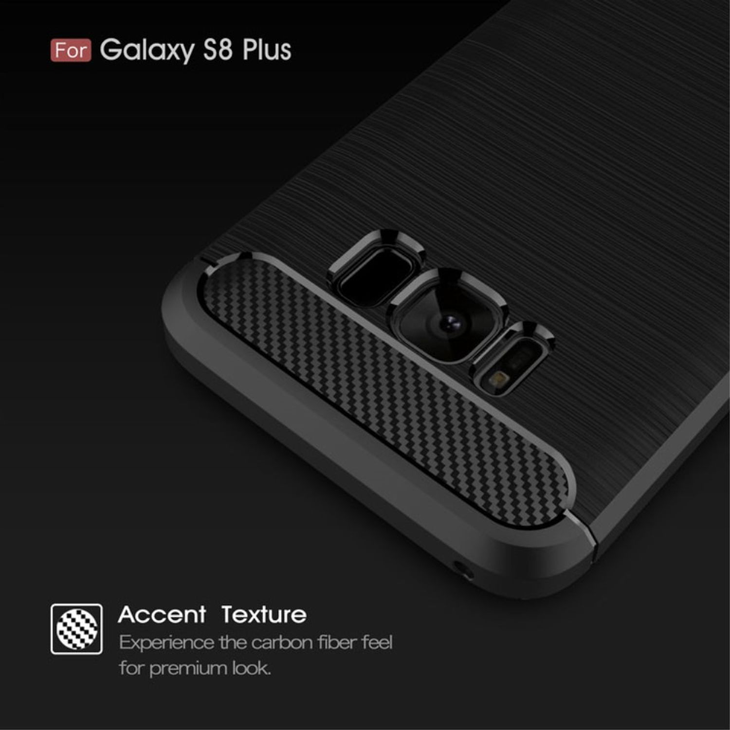 Schwarze Handyhülle mit Karbonfaser-Akzenten für ein Galaxy S8 Plus. Die Handyhülle befindet sich auf schwarzem Hintergrund.