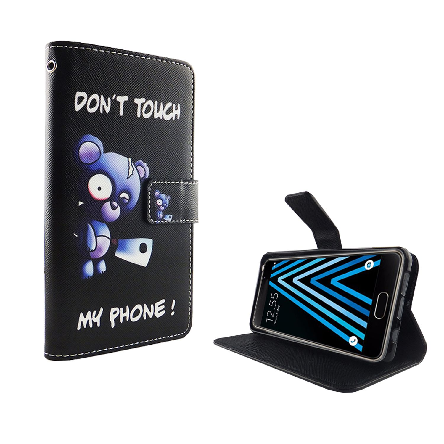 Schwarze Handyhülle mit Bär und Text "DON'T TOUCH MY PHONE!" mit einem Telefon darin.