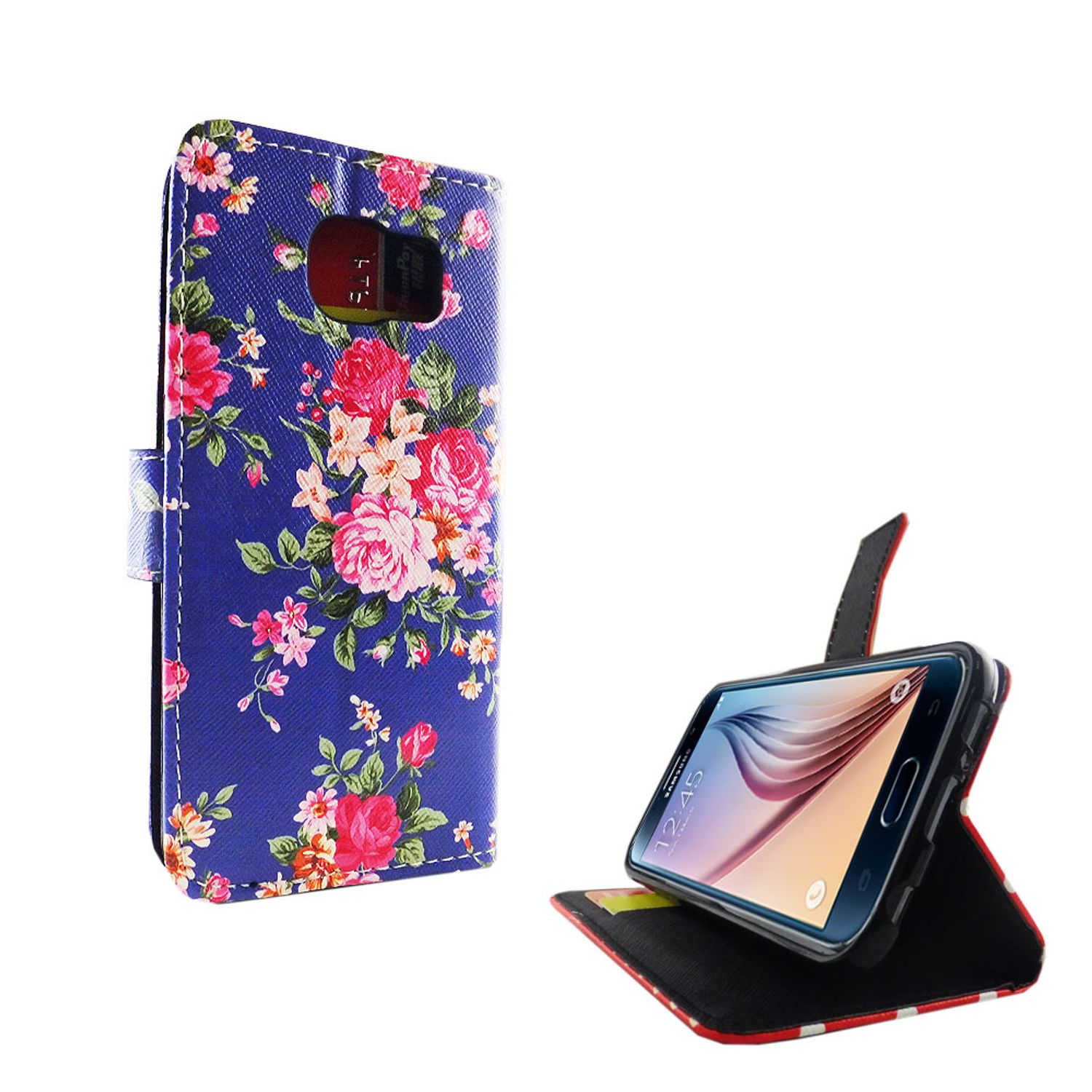 Blaue Handyhülle mit Blumendesign, offen mit Telefon. Weißer Hintergrund.