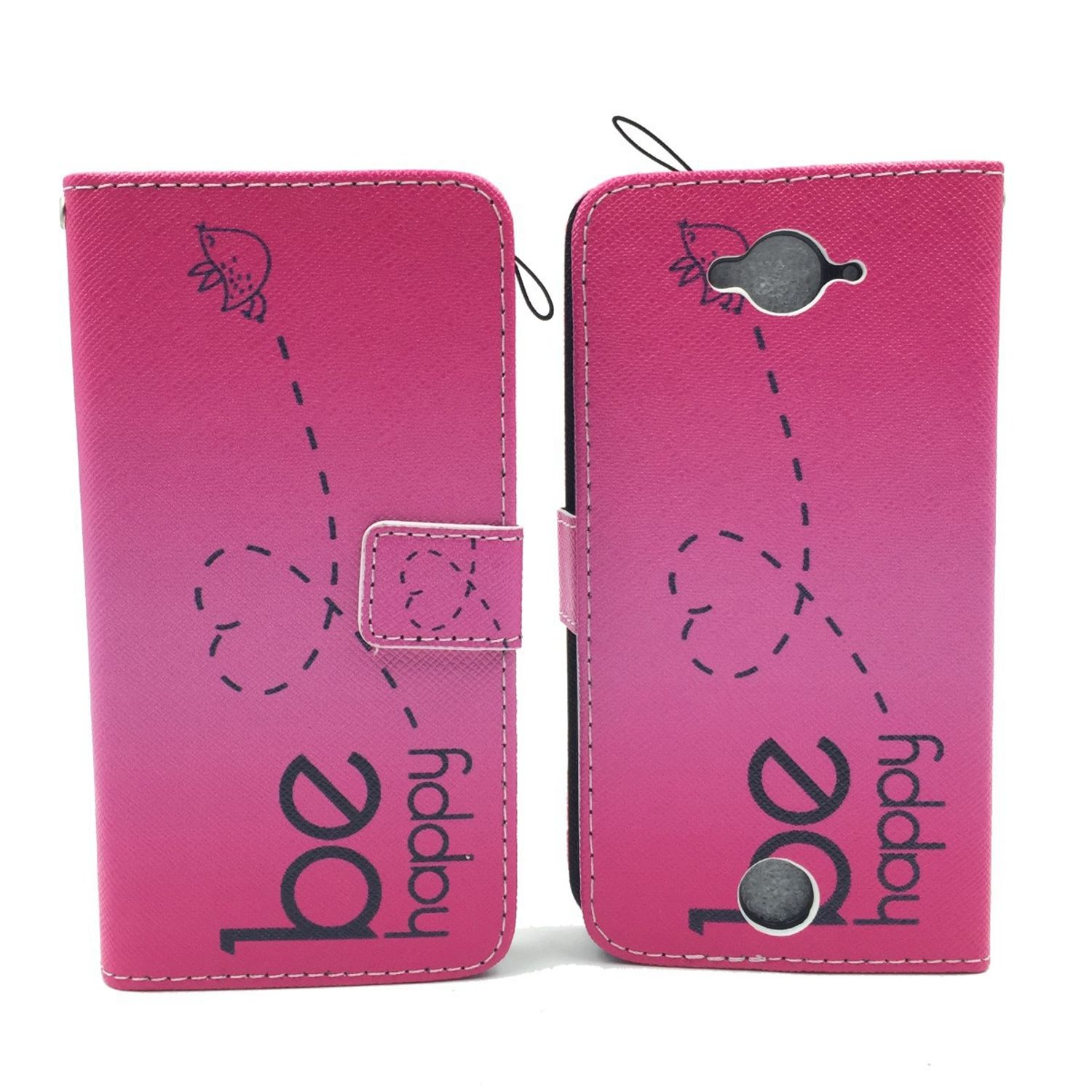 Zwei pinke Handyhüllen mit der Aufschrift "be happy" mit gepunkteter Linie und Bienen-Illustration.