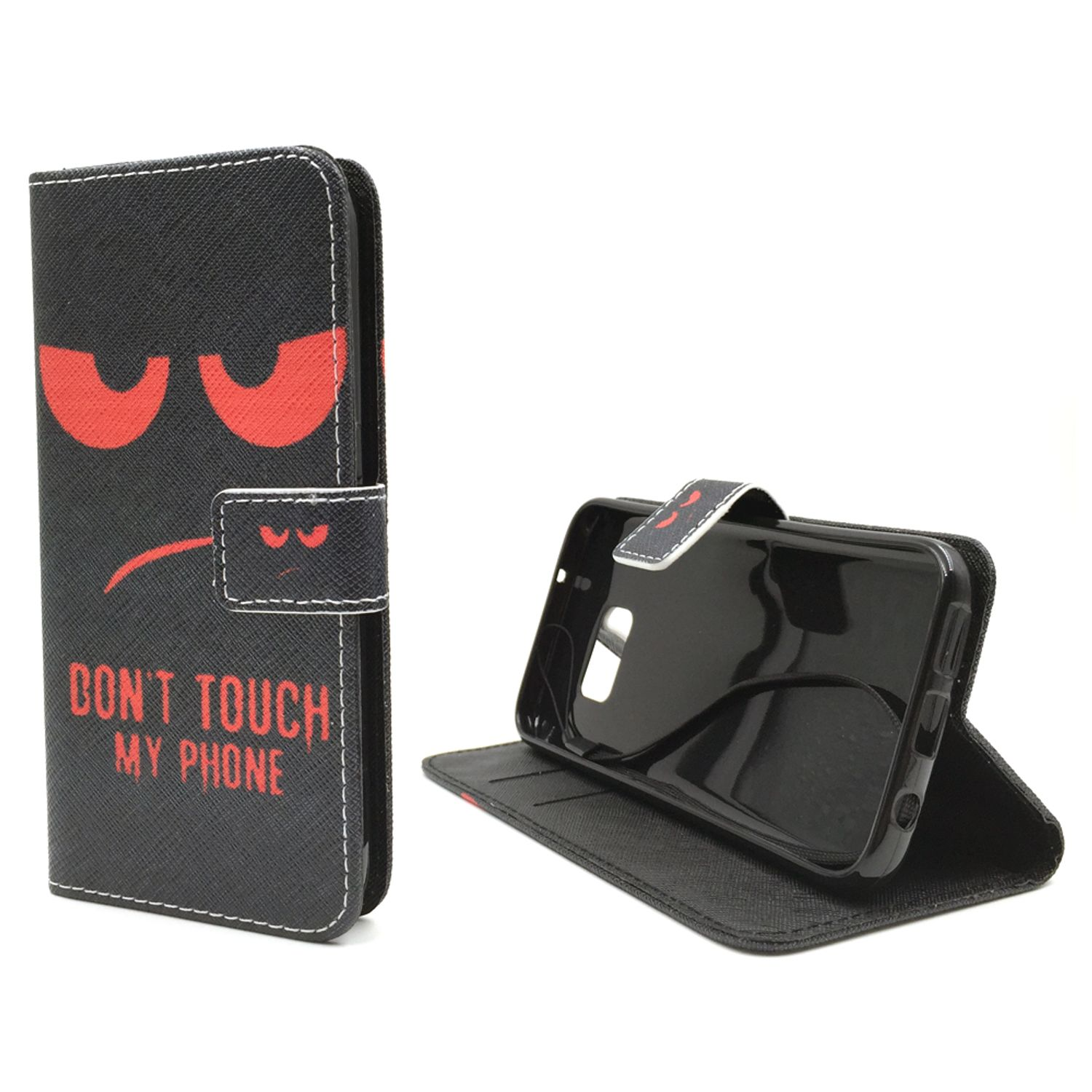 Schwarze Handyhülle mit roten wütenden Augen und Text: DON'T TOUCH MY PHONE. Weißer Hintergrund. Telefon wird angezeigt.