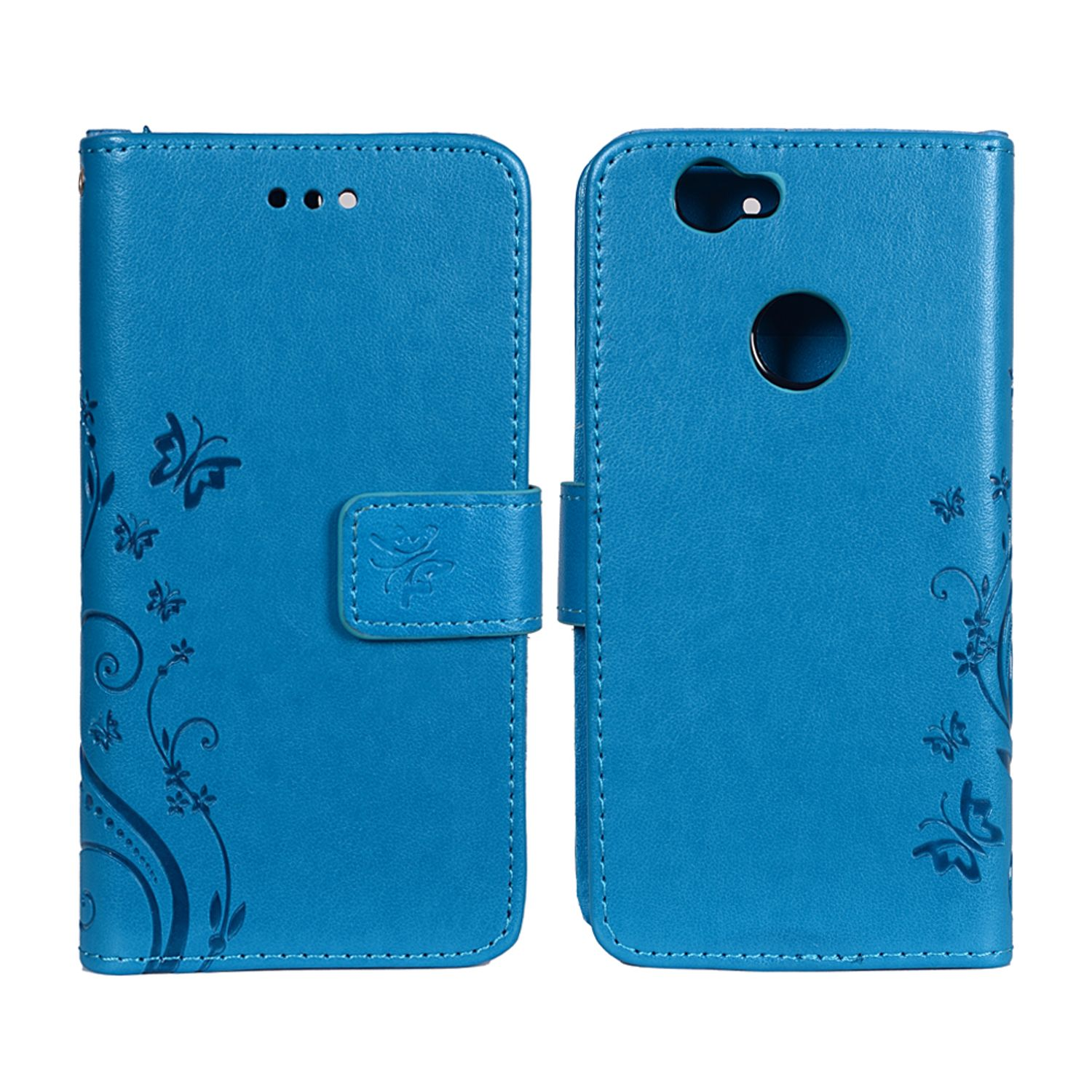 Blaue Handyhülle mit Schmetterlingsdesign und floralen Akzenten.