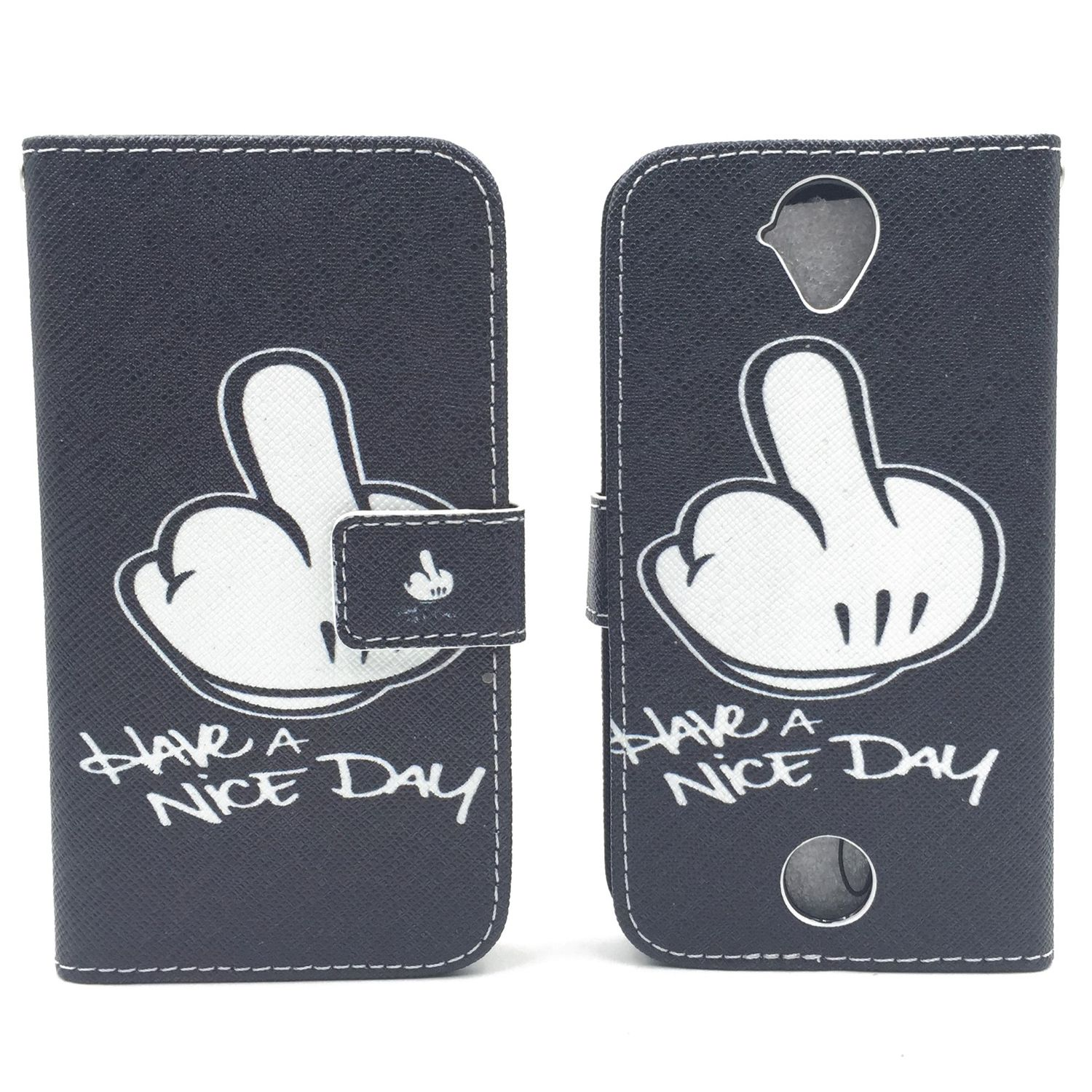 Schwarze Handyhülle mit weißer Hand, die Mittelfinger zeigt, und dem Text 'HAVE A NICE DAY'.