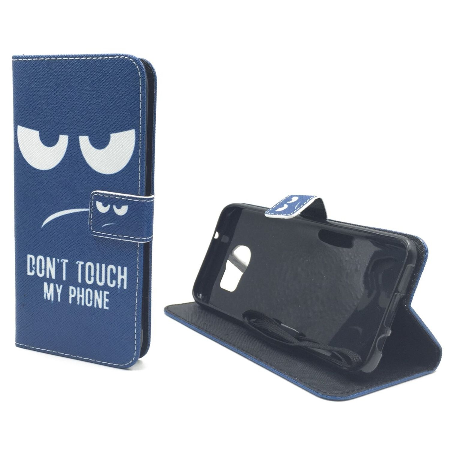 Blaue Handyhülle mit "Don't touch my phone" und einem wütenden Gesicht. Schwarzes Handy innen.
