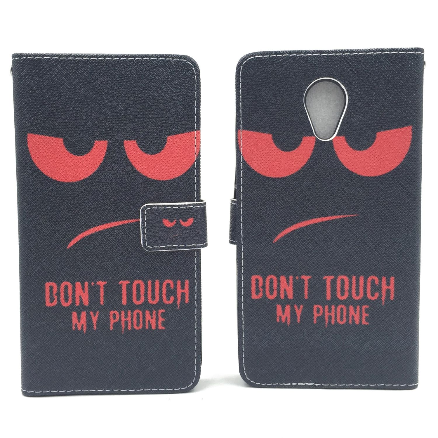 Schwarze Handyhülle mit wütenden Augen und Text 'DON'T TOUCH MY PHONE'.