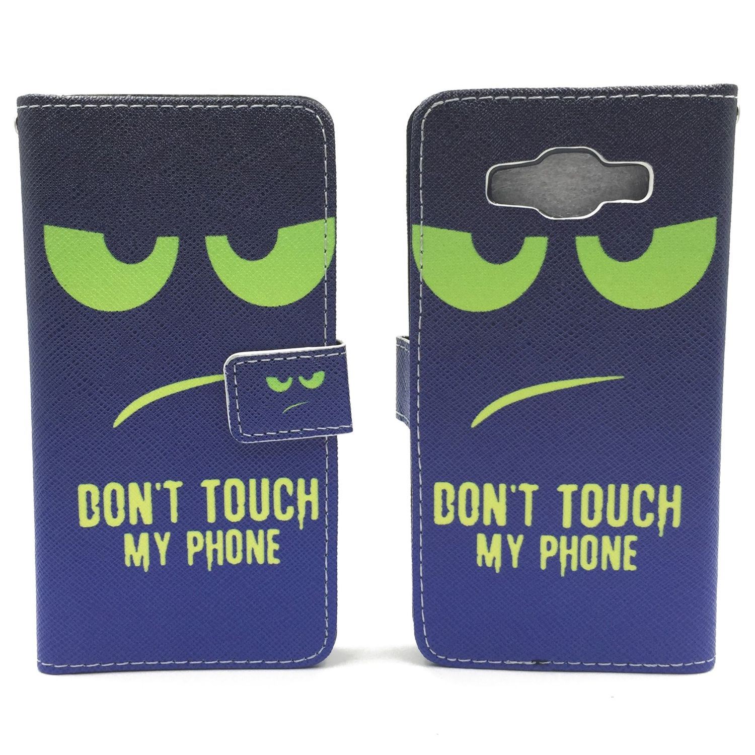 Blaue Handyhülle mit wütendem Gesichtsdesign und dem Text 'DON'T TOUCH MY PHONE'. Weißer Hintergrund.