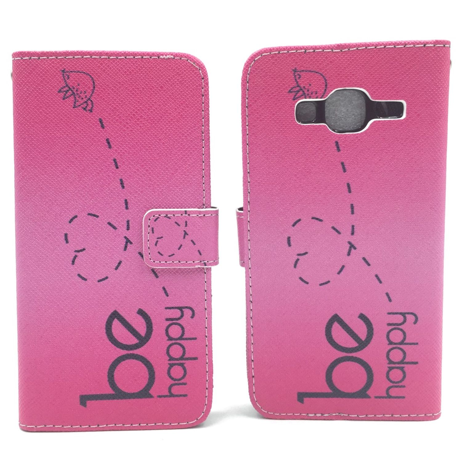 Rosa Handyhülle, Biene und fröhliches Design. Offene und geschlossene Ansichten.