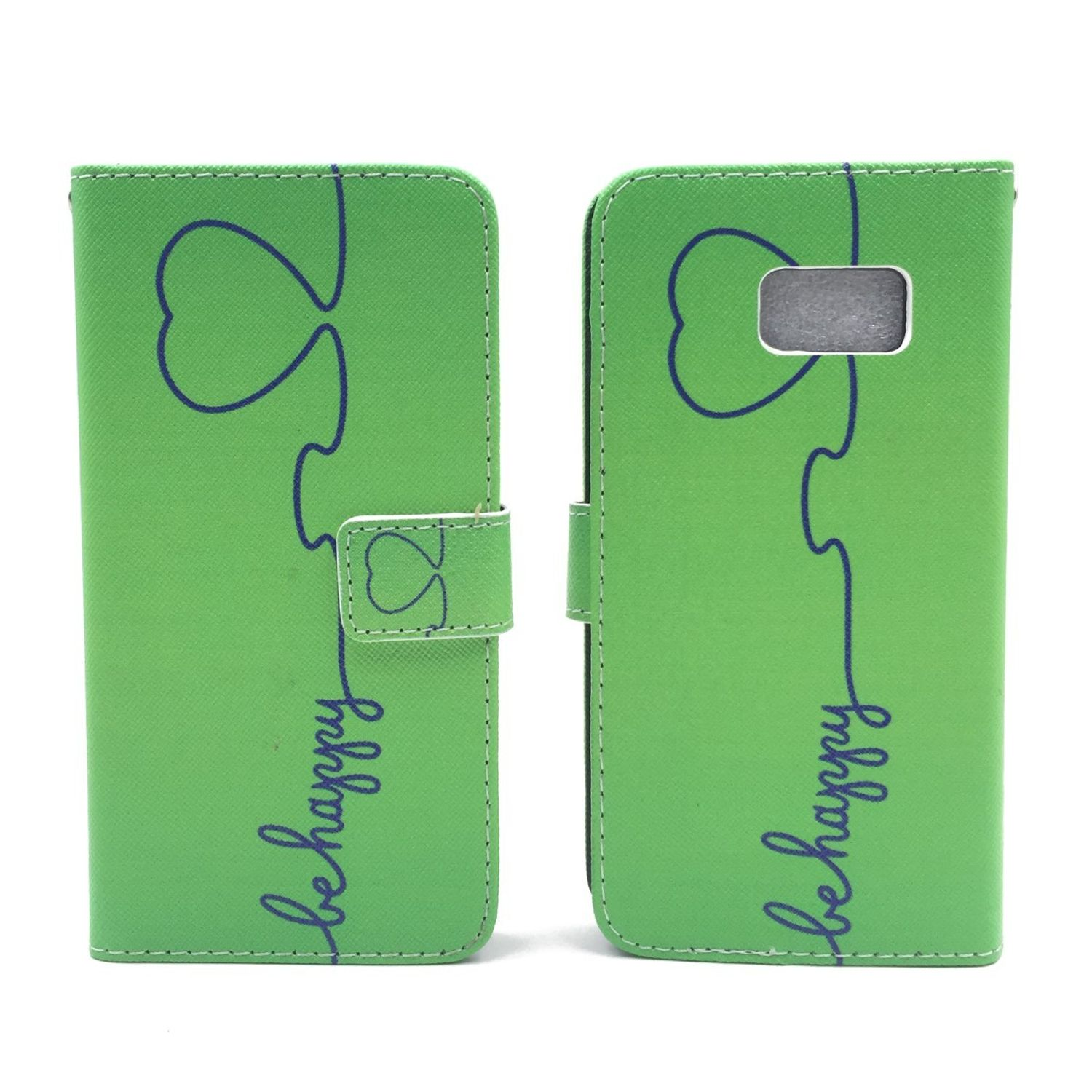 Eine grüne Handyhülle, geschlossen, mit Herzdesign und den Worten „be happy“.