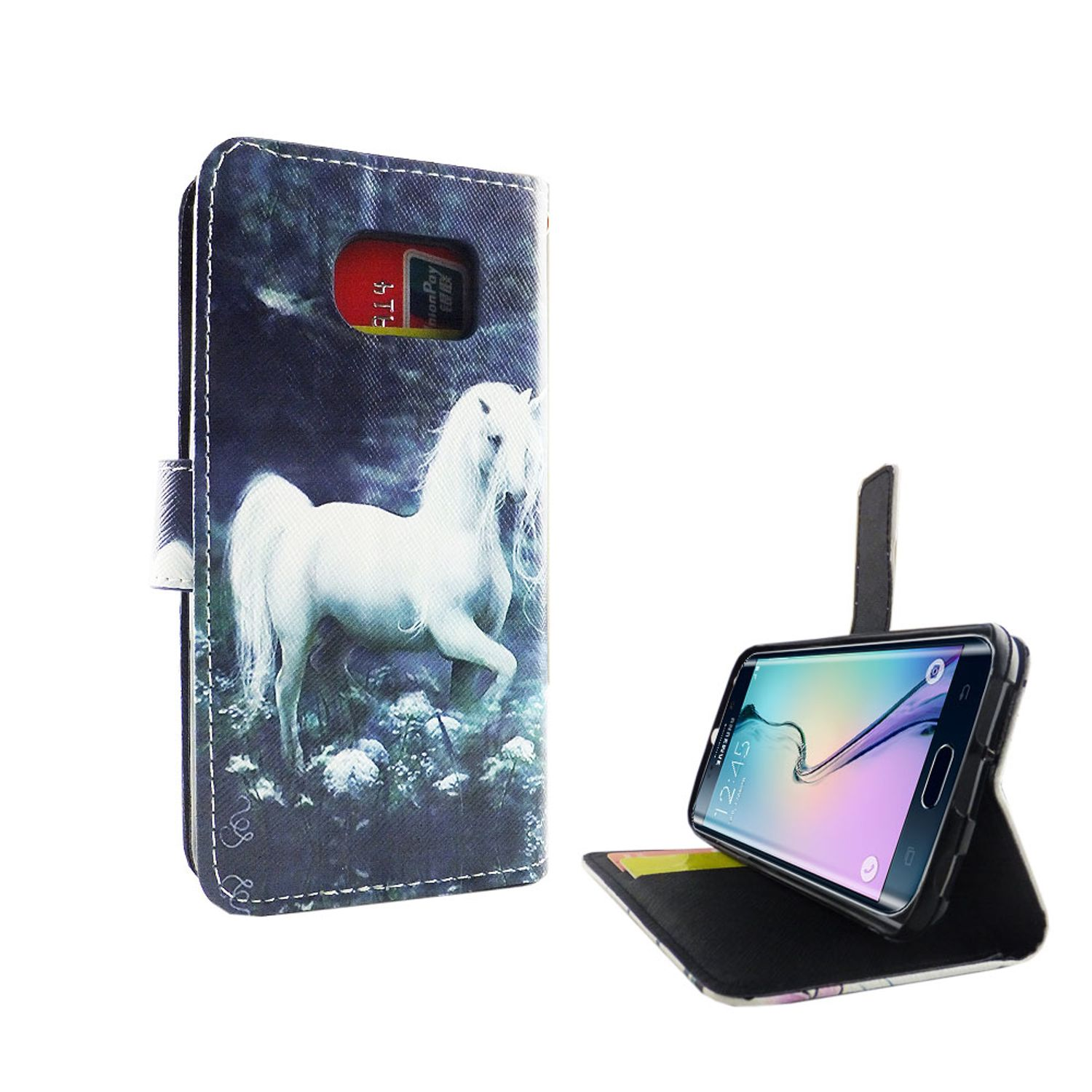 Handyhülle mit weißem Pferd, Waldszene und Telefon.