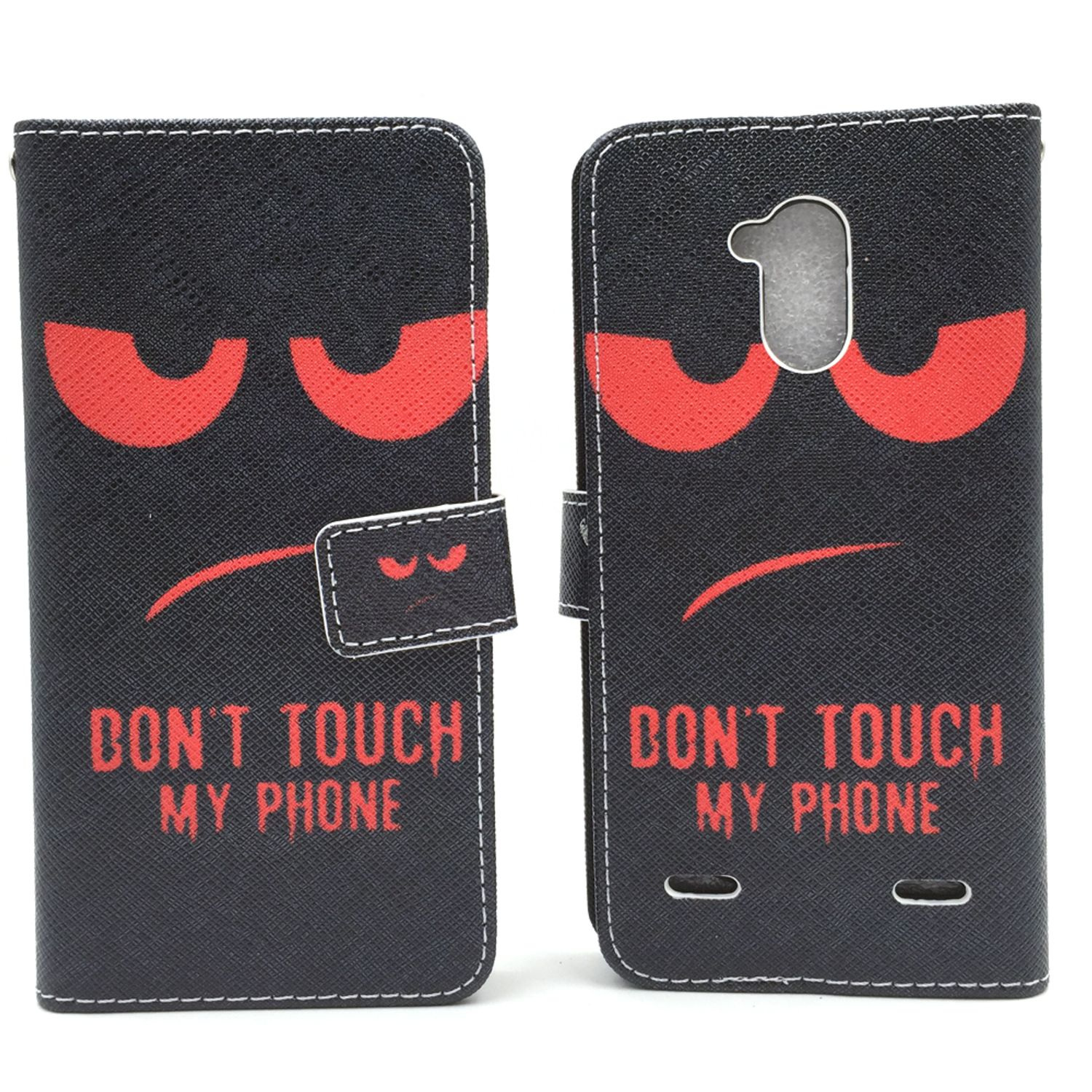 Schwarze Handyhülle mit rotem, wütendem Augendesign und dem Text "DON'T TOUCH MY PHONE".