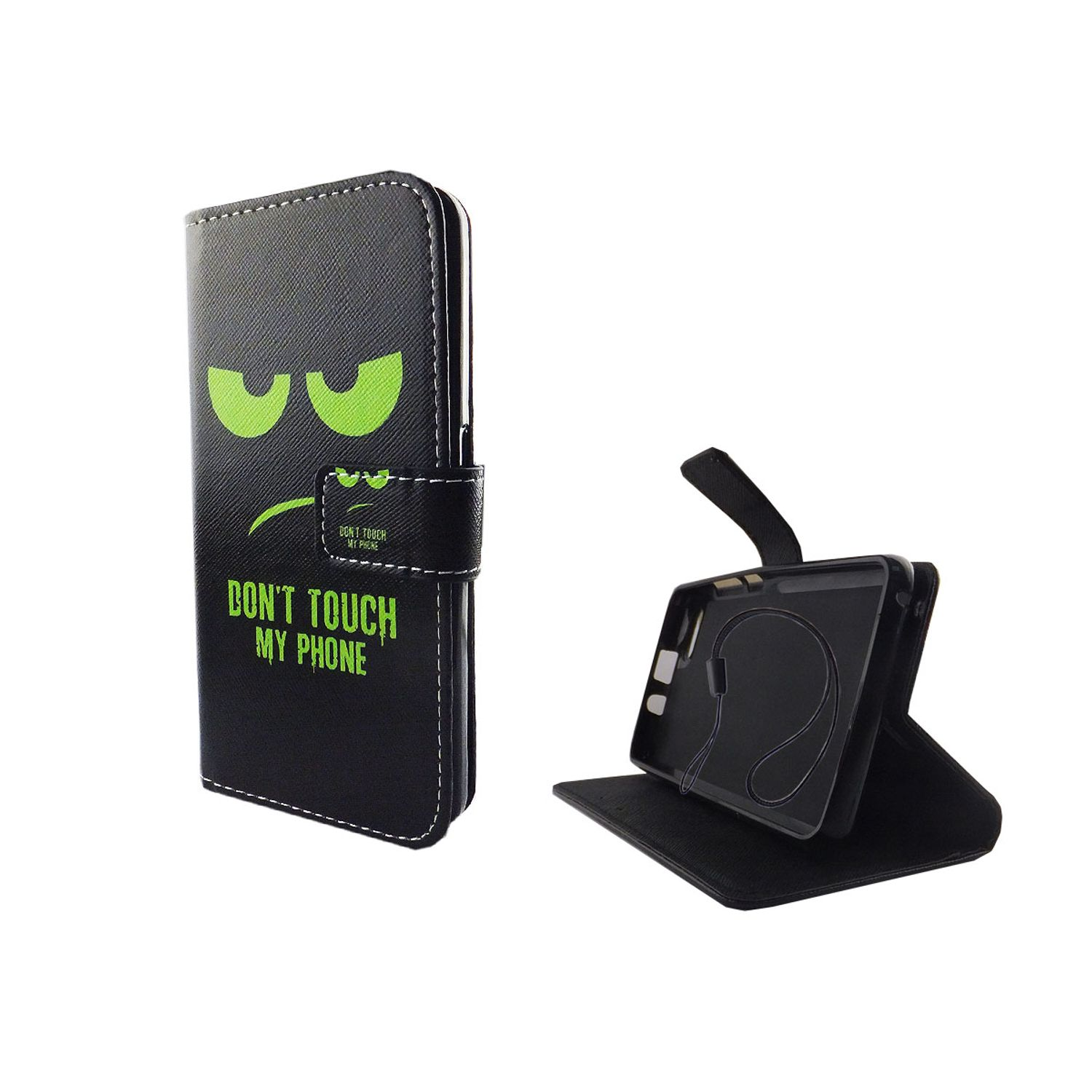 Schwarze Handyhülle mit grünen Augen und dem Text 'DON'T TOUCH MY PHONE'. Die Hülle ist offen mit einem Telefon.