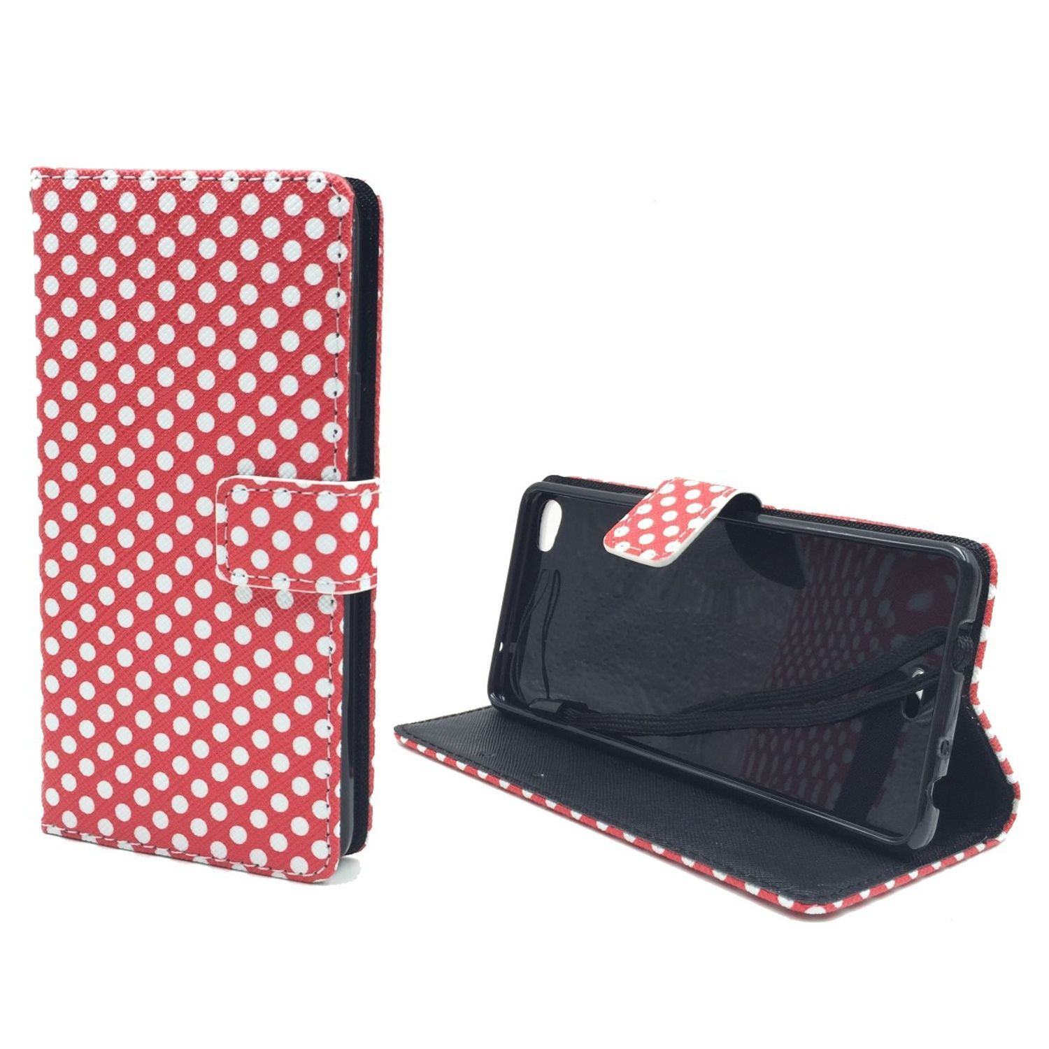 Rotes und weißes Polka-Dot-Handy-Case, offen und geschlossen. Weißer Hintergrund.