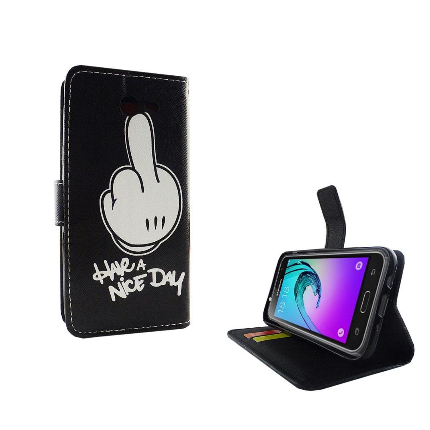 Schwarze Handyhülle mit weißem Handzeichen und Text, und ein Telefon darin. Geöffnete Hülle, mit Telefon.