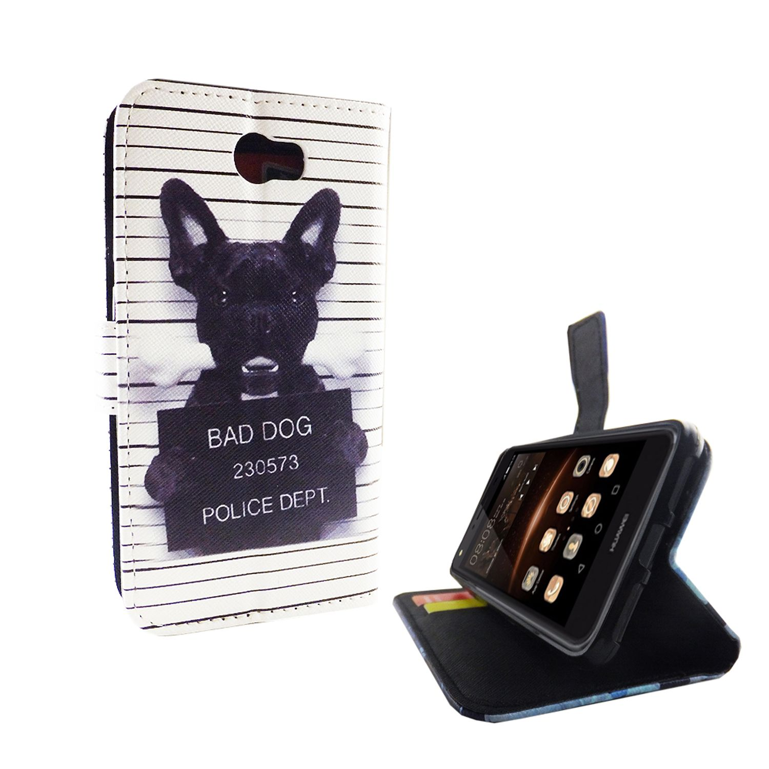 Handyhülle mit einem schwarz-weißen Hund und 'BAD DOG'. Telefon im Inneren mit App-Anzeige.