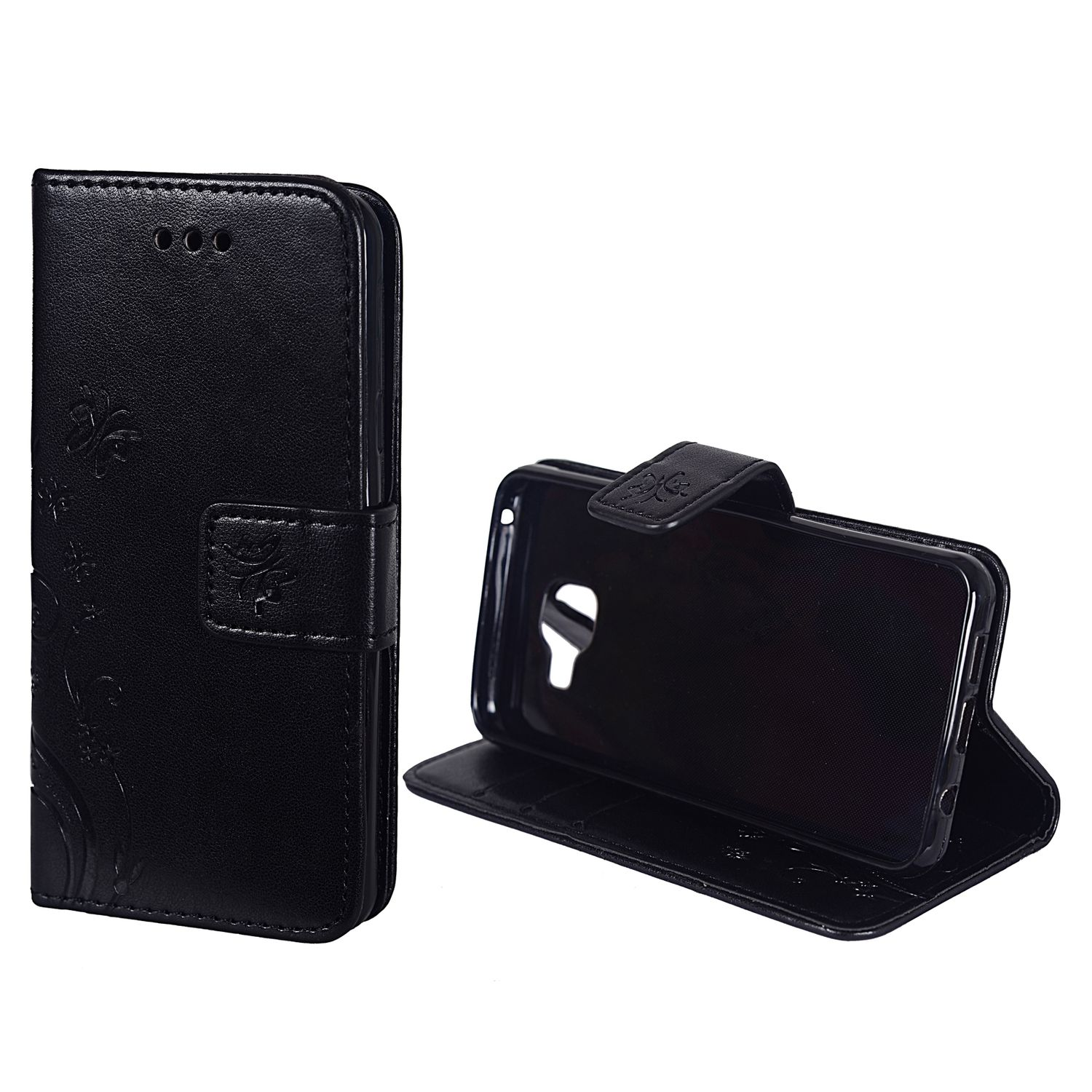Schwarze Handyhülle mit Blumendesign. Das Telefon ist sichtbar.