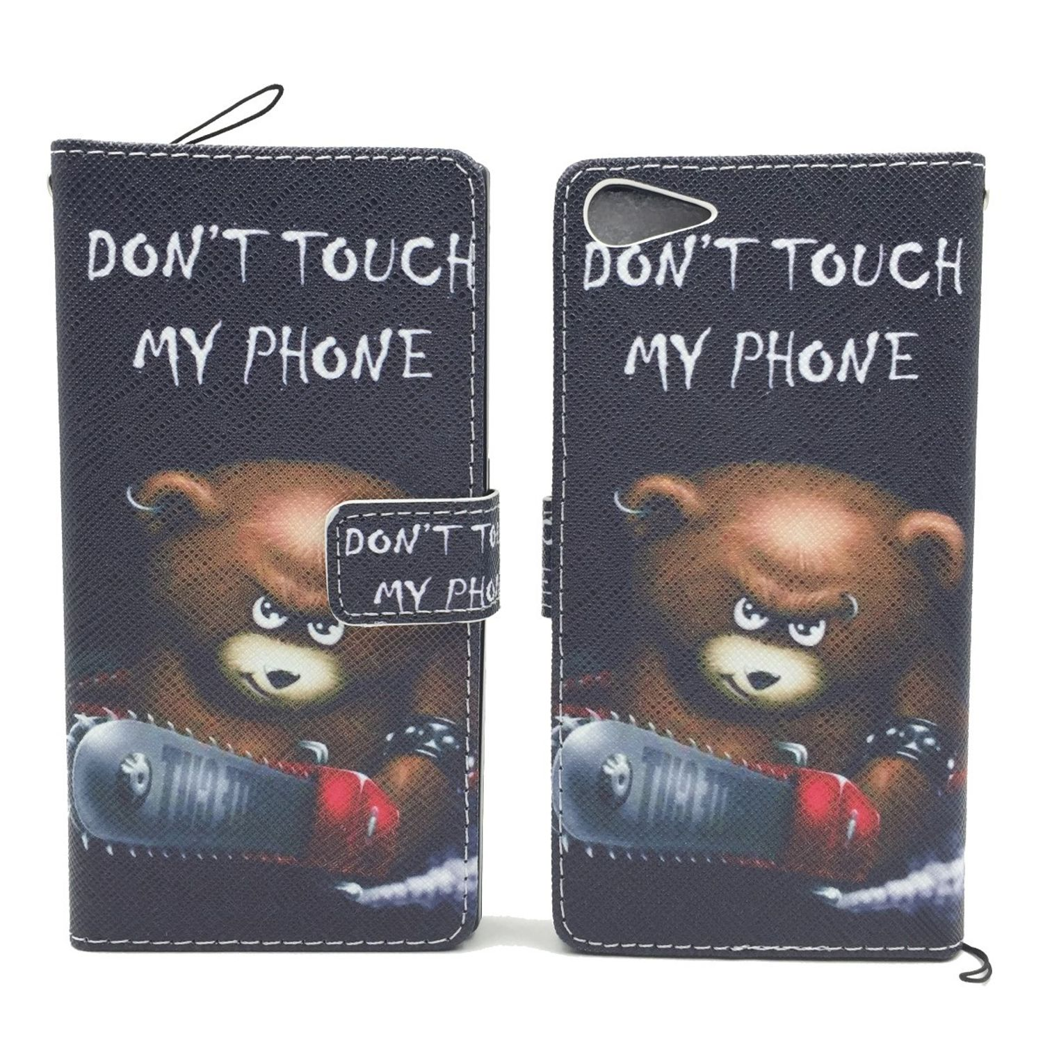 Schwarze Handyhülle mit Bär und Kettensäge, Text: Berühren Sie mein Telefon nicht.