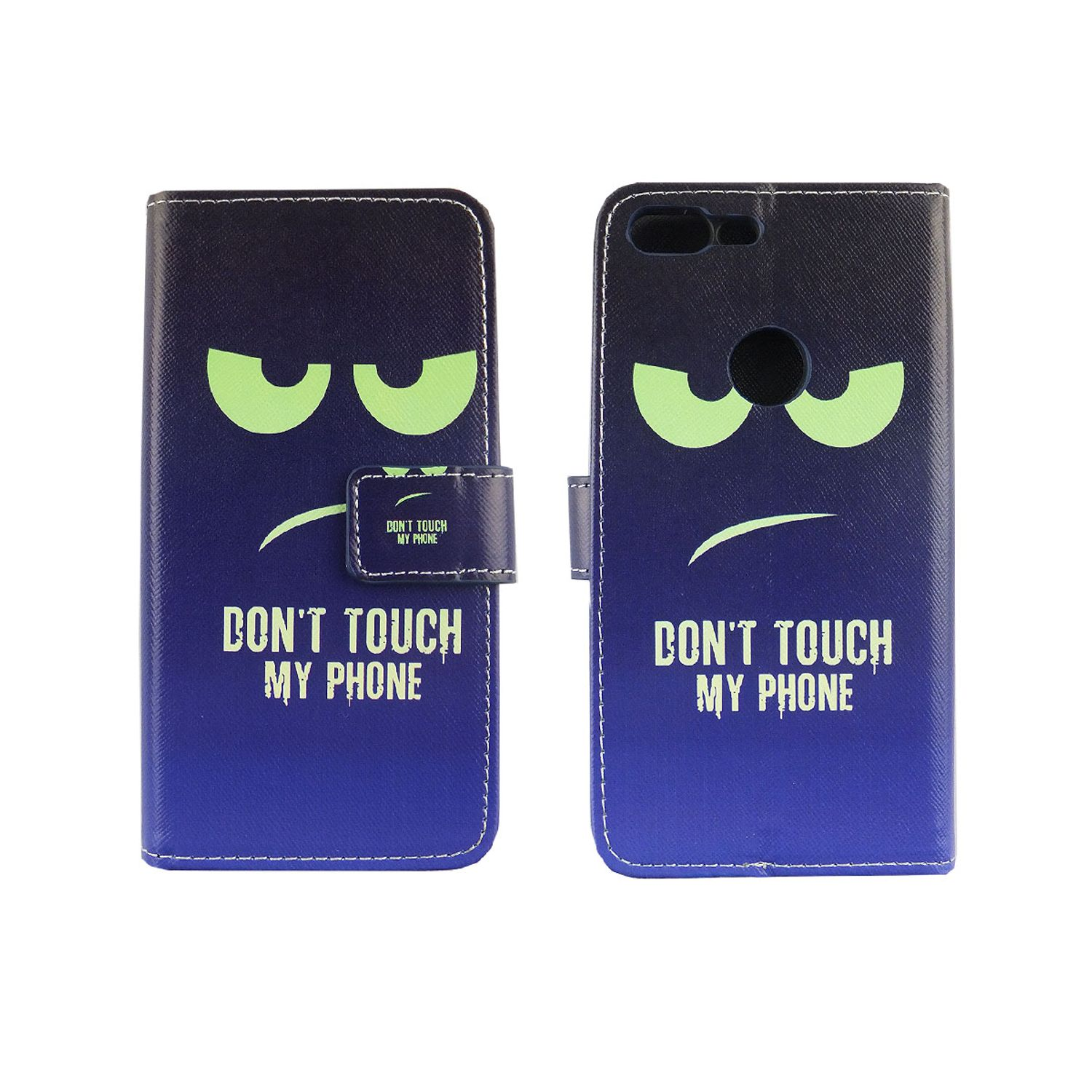 Dunkelblaue Handyhülle mit grimmigem Gesicht und Text: DON'T TOUCH MY PHONE. Die Hülle ist offen.