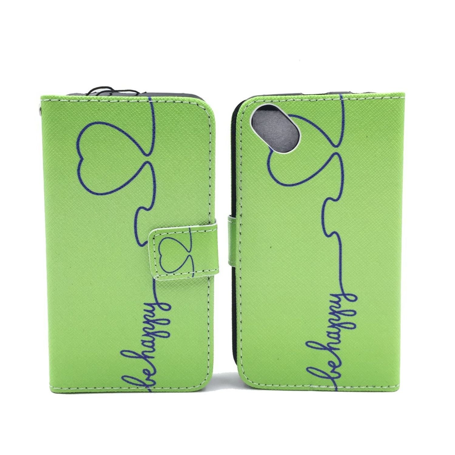 Grüne Handyhülle mit Herzdesign und den Worten "be happy" darauf.