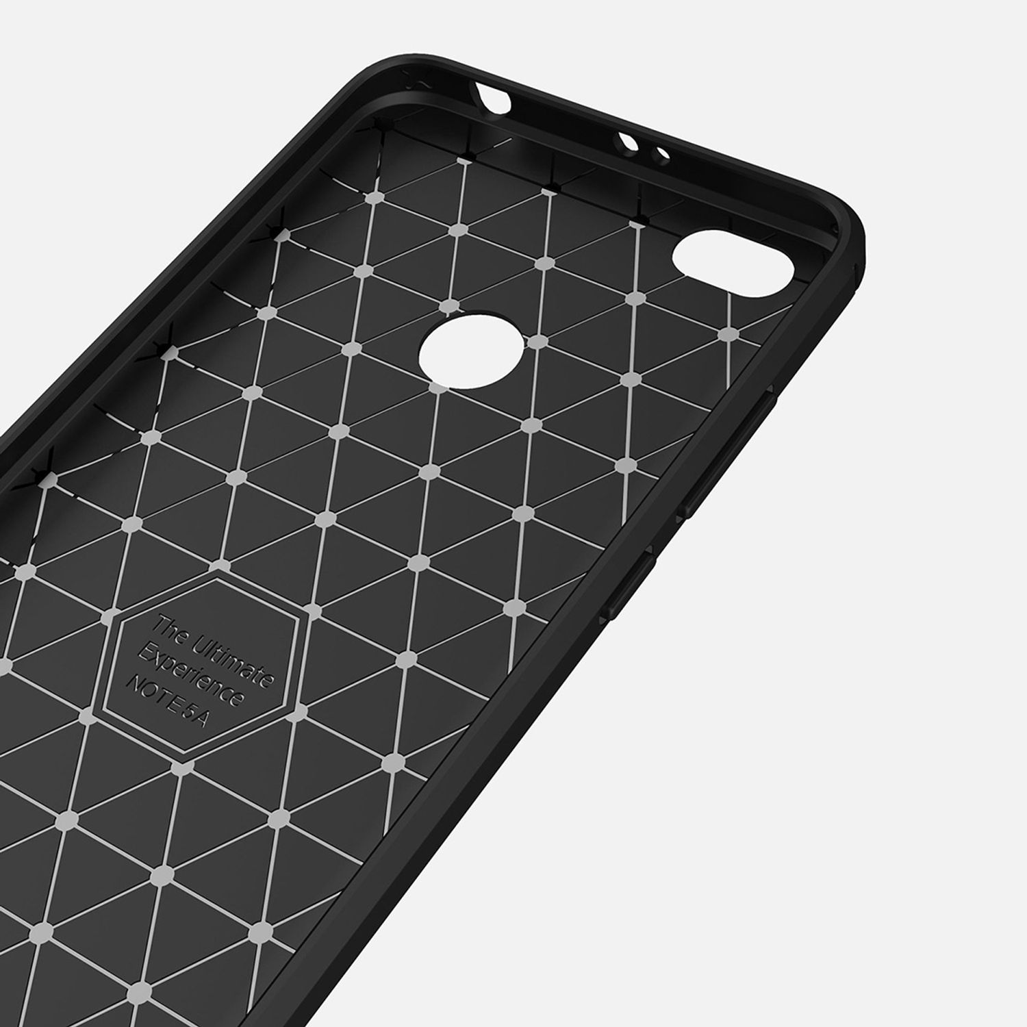 Eine schwarze Handyhülle mit geometrischem Muster. Marke und Modell sind auf der Hülle geschrieben.