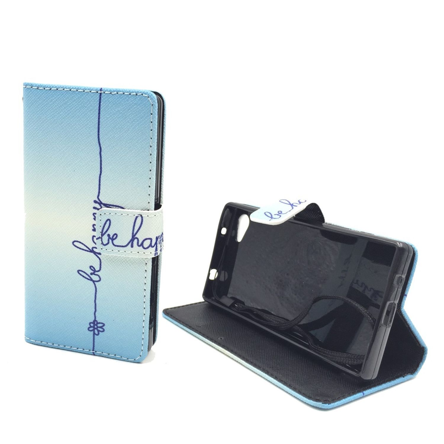 Blau-weiße Handyhülle mit dem Schriftzug 'be happy'. Die Handyhülle ist offen.