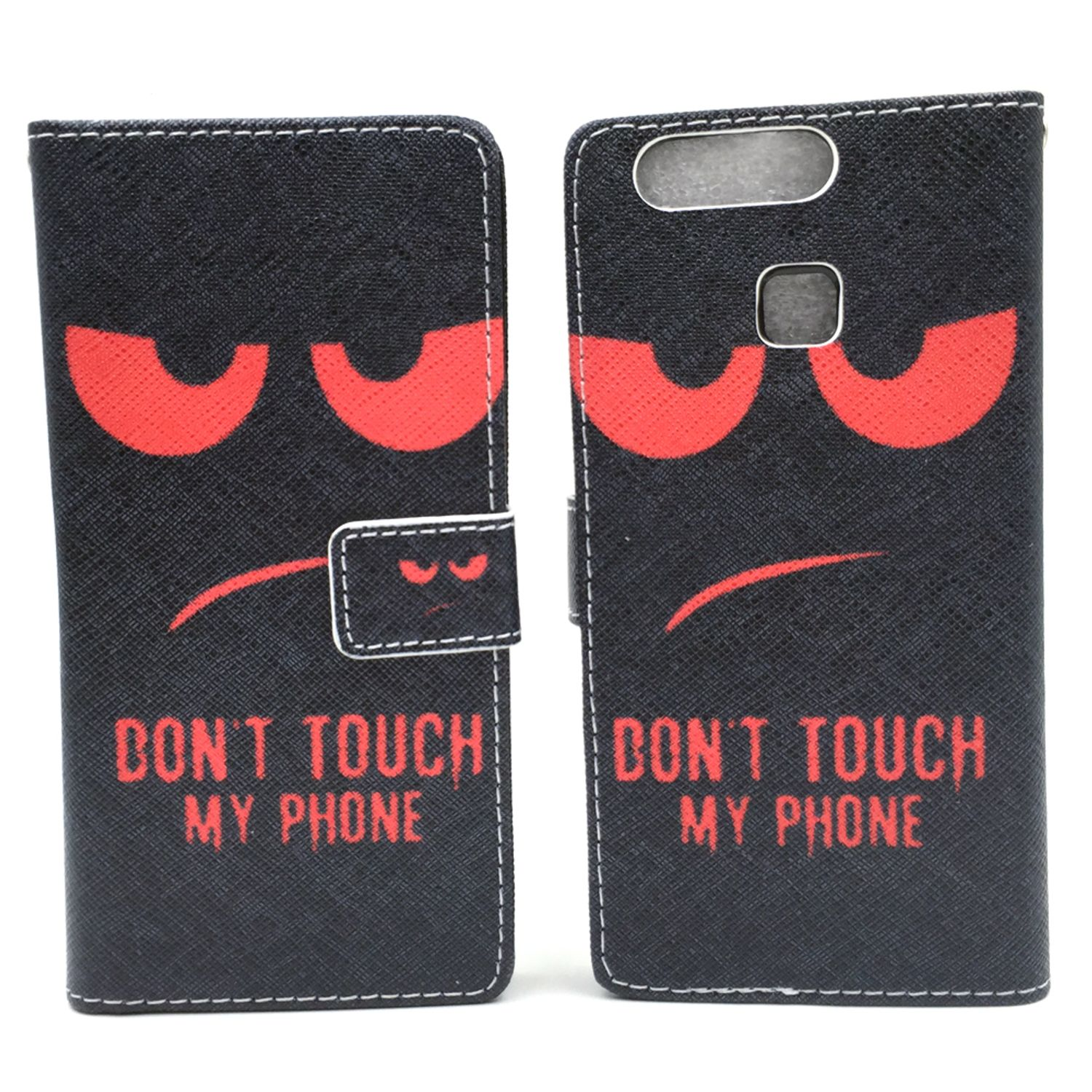 Schwarze Handyhülle mit roten bösen Augen und Text 'Don't touch my phone'.