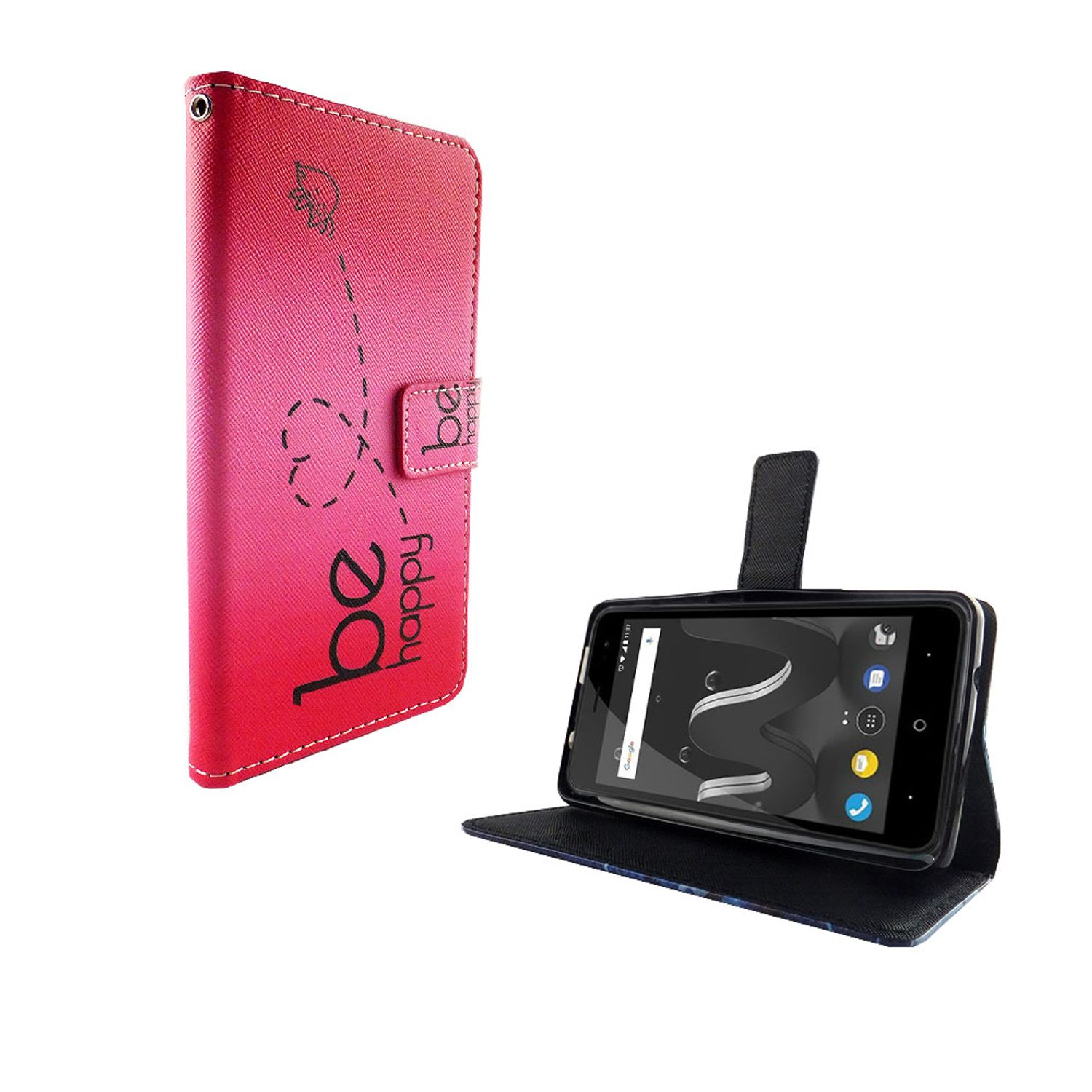 Rosa-rote Handyhülle mit "be happy" Text und Herz. Geöffnete Hülle mit Telefon.