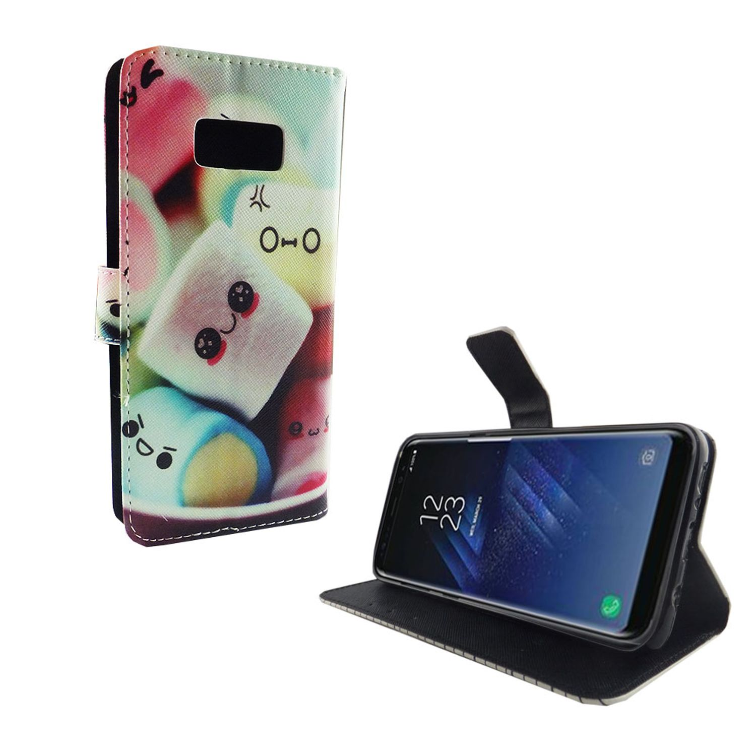 Handyhülle mit buntem Marshmallow-Design. Telefon innen, zeigt einen Bildschirm.