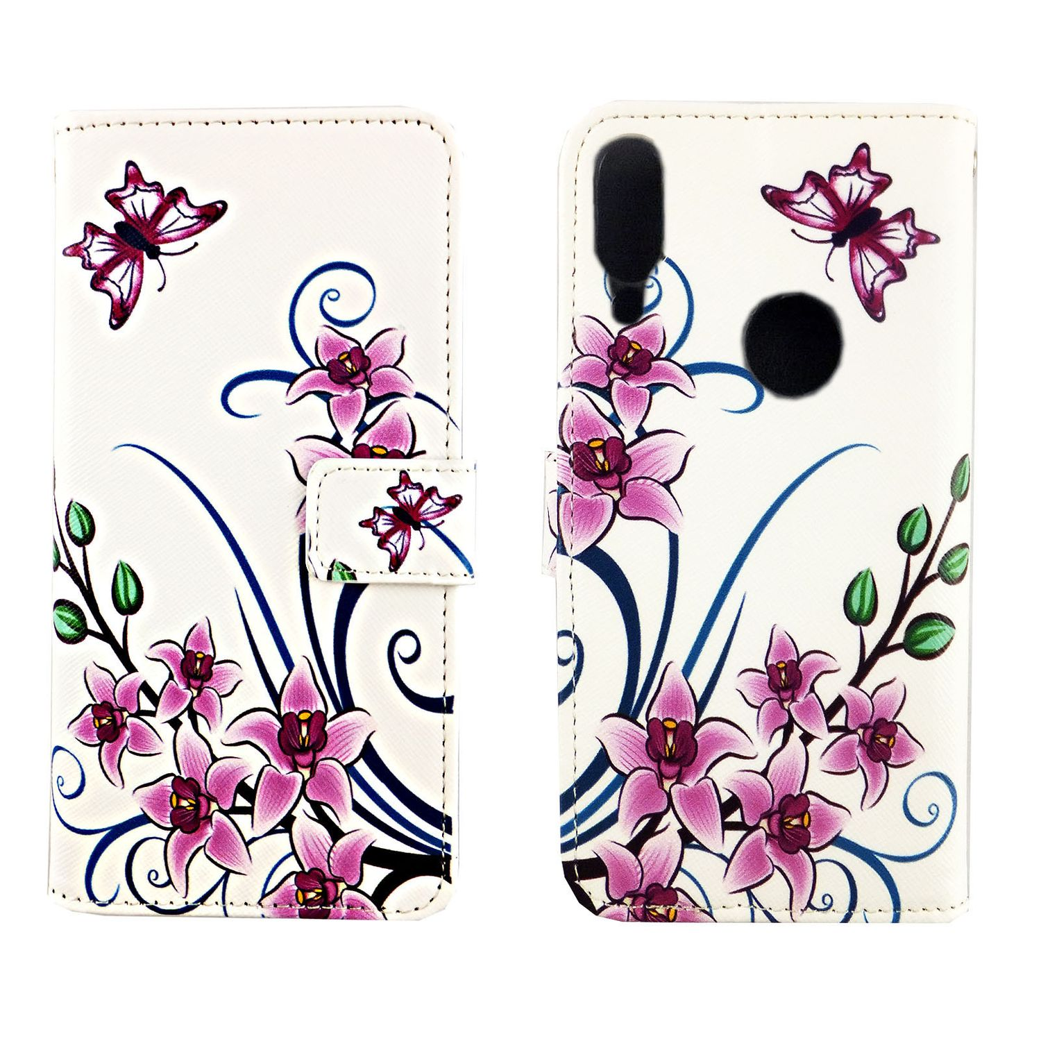 Weiße Handyhülle mit rosa Blumen und Schmetterlingen. Geöffnet, Telefon innen. Weißer Hintergrund.