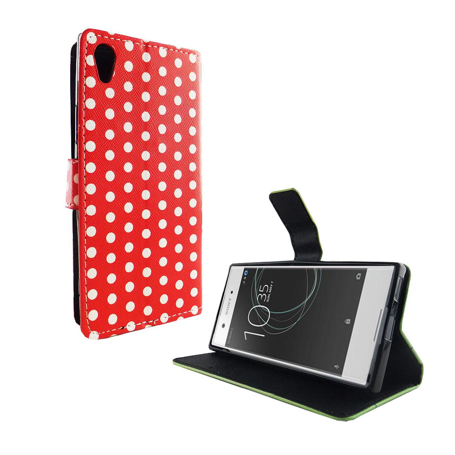 Eine rote Handyhülle mit weißen Punkten. Das Telefon befindet sich in der offenen Hülle. Weißer Hintergrund.