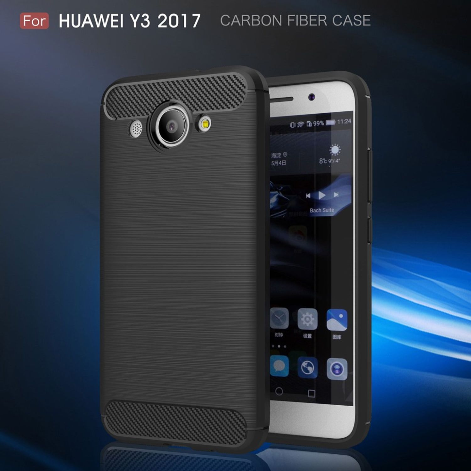 Schwarze Handyhülle mit Telefon. Das Telefon hat einen schwarzen Bildschirm. Das Gehäuse hat ein Kohlefaserdesign.