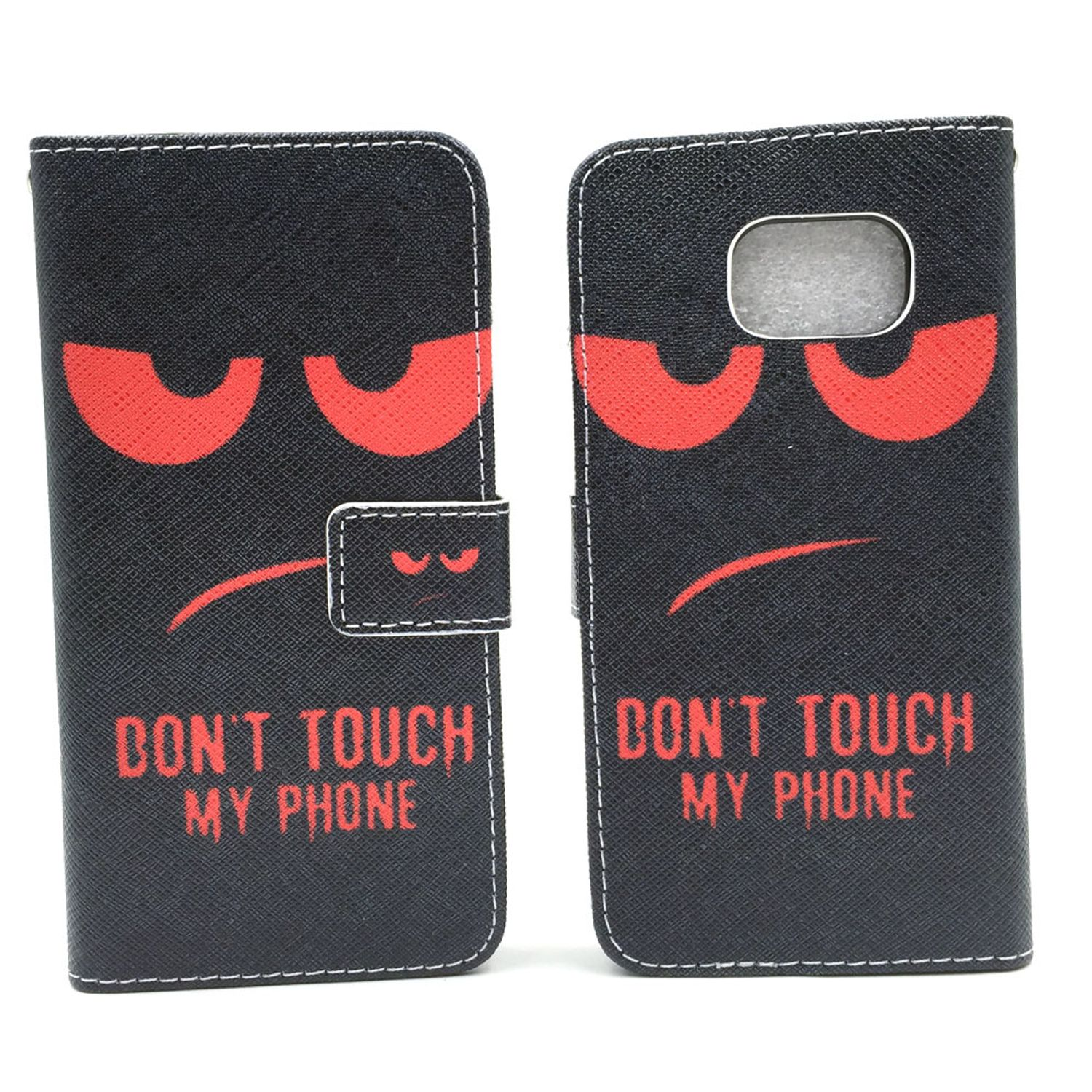 Schwarze Handyhülle mit roten Augen und dem Text 'Don't touch my phone'. Geöffnet.