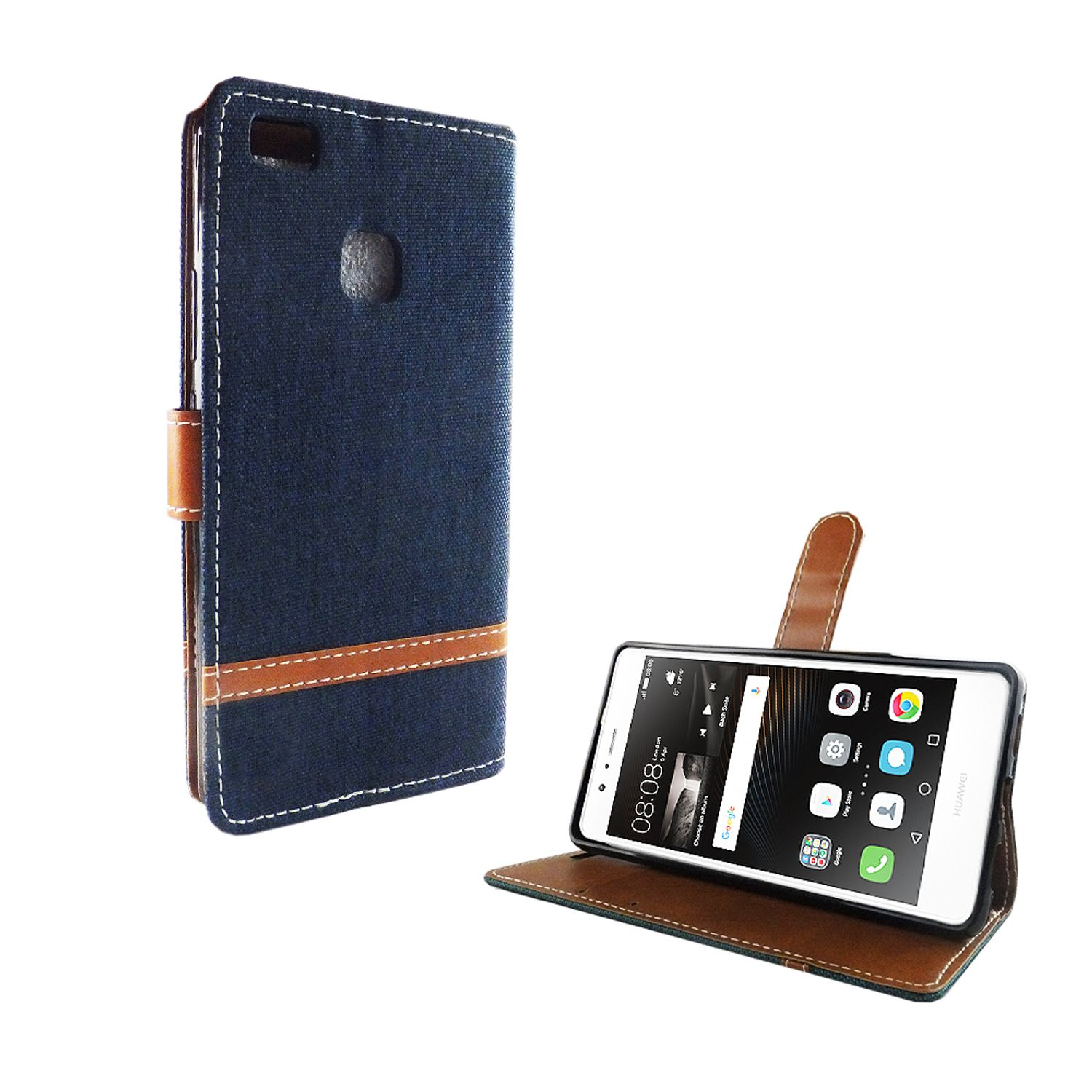 Blaue Jeans-Handyhülle mit braunen Akzenten. Ein Telefon ist auf der Hülle aufgestellt.