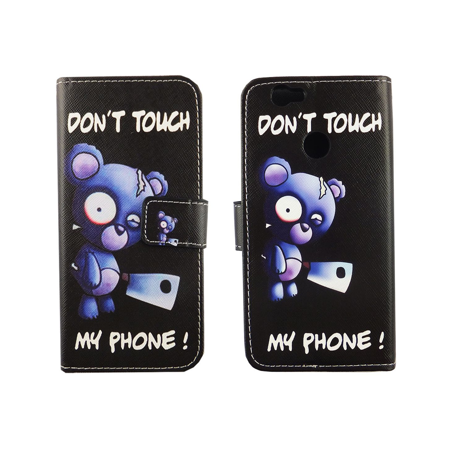 Schwarze Handyhülle mit Bär mit Hackbeil und 'Don't touch my phone' Schriftzug.