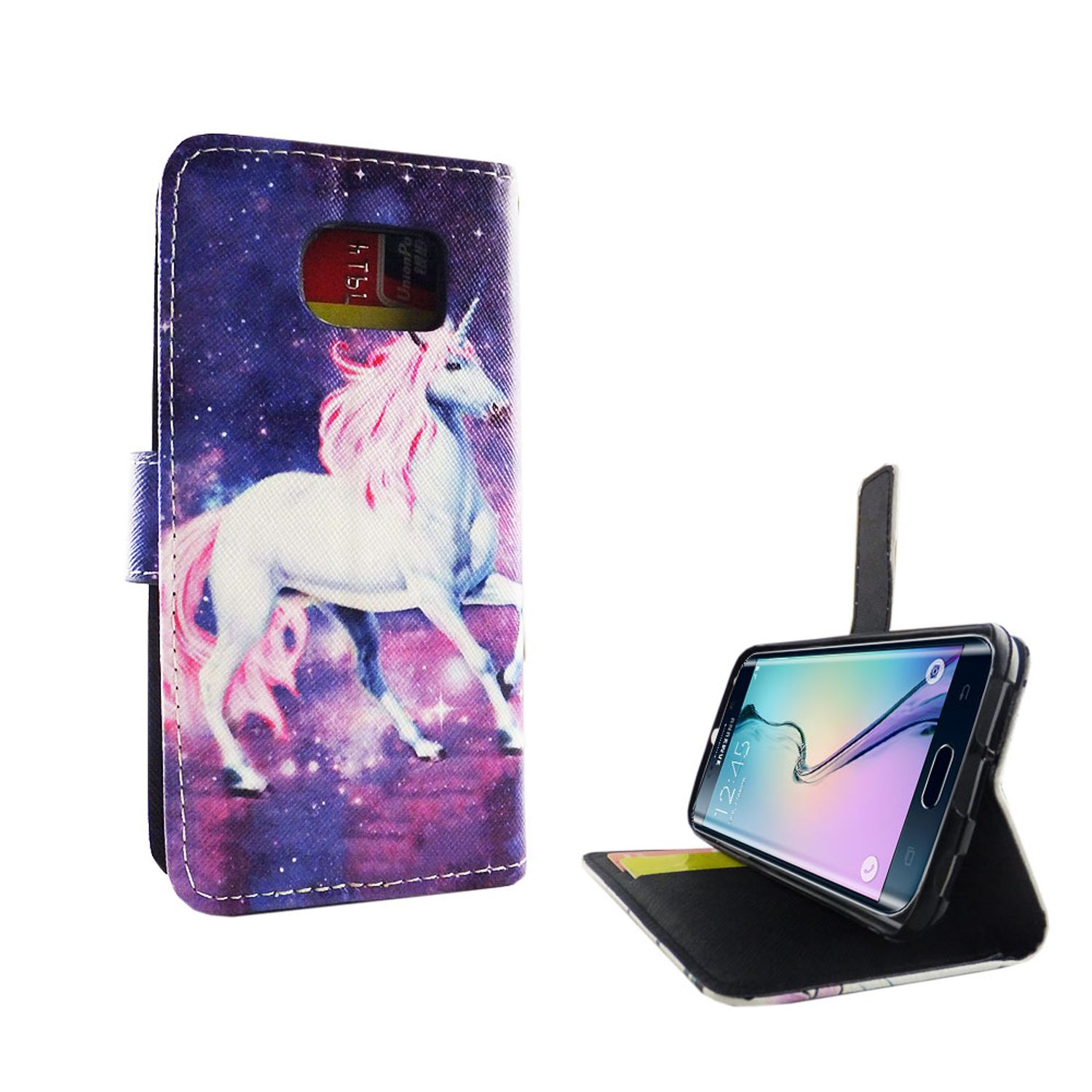 Einhorn-Handyhülle auf Galaxie-Hintergrund und ein Telefon auf einem Ständer.