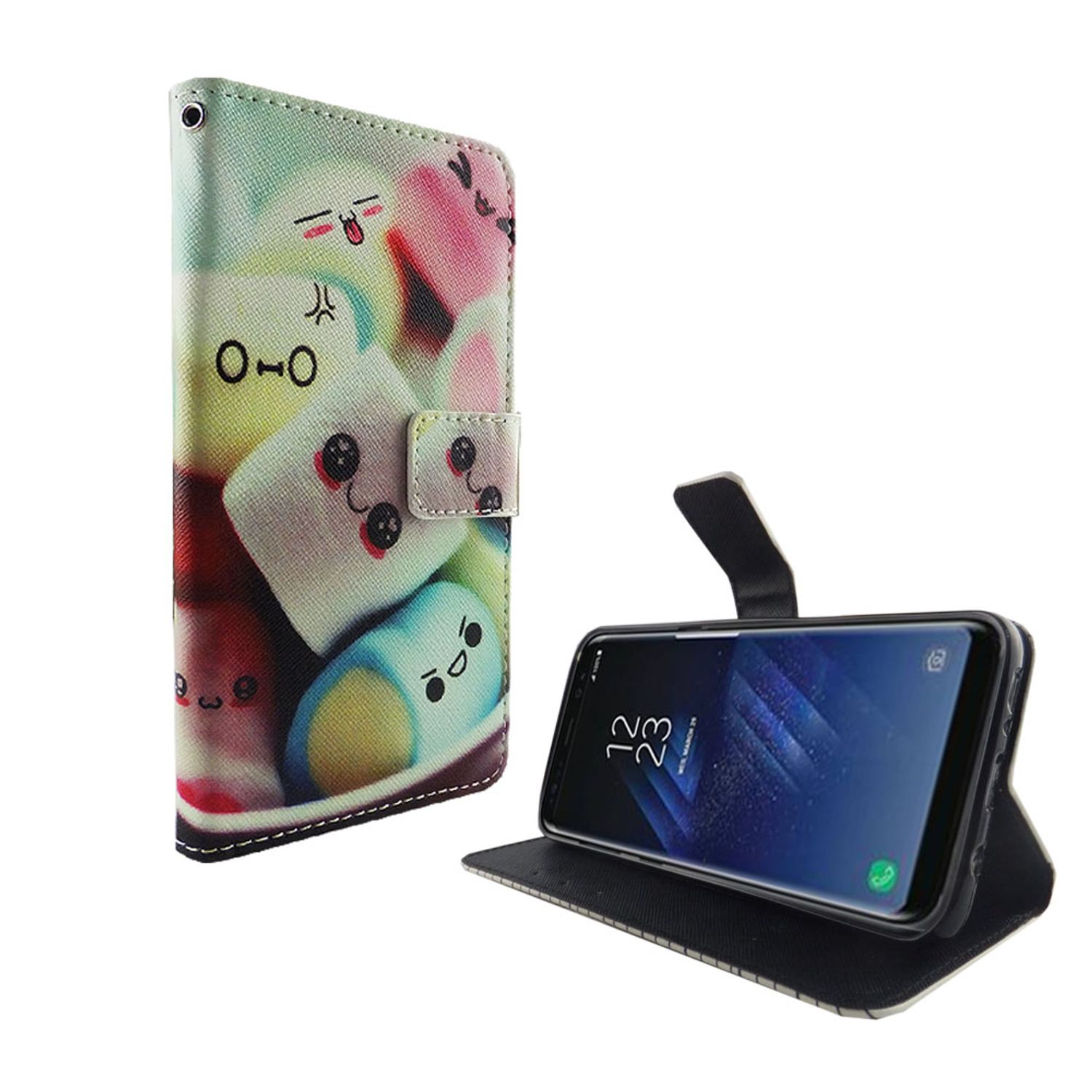 Handyhülle mit Marshmallow-Design. Die Hülle ist geöffnet und zeigt das Telefon. Marshmallows mit Gesichtern sind auf der Hülle.